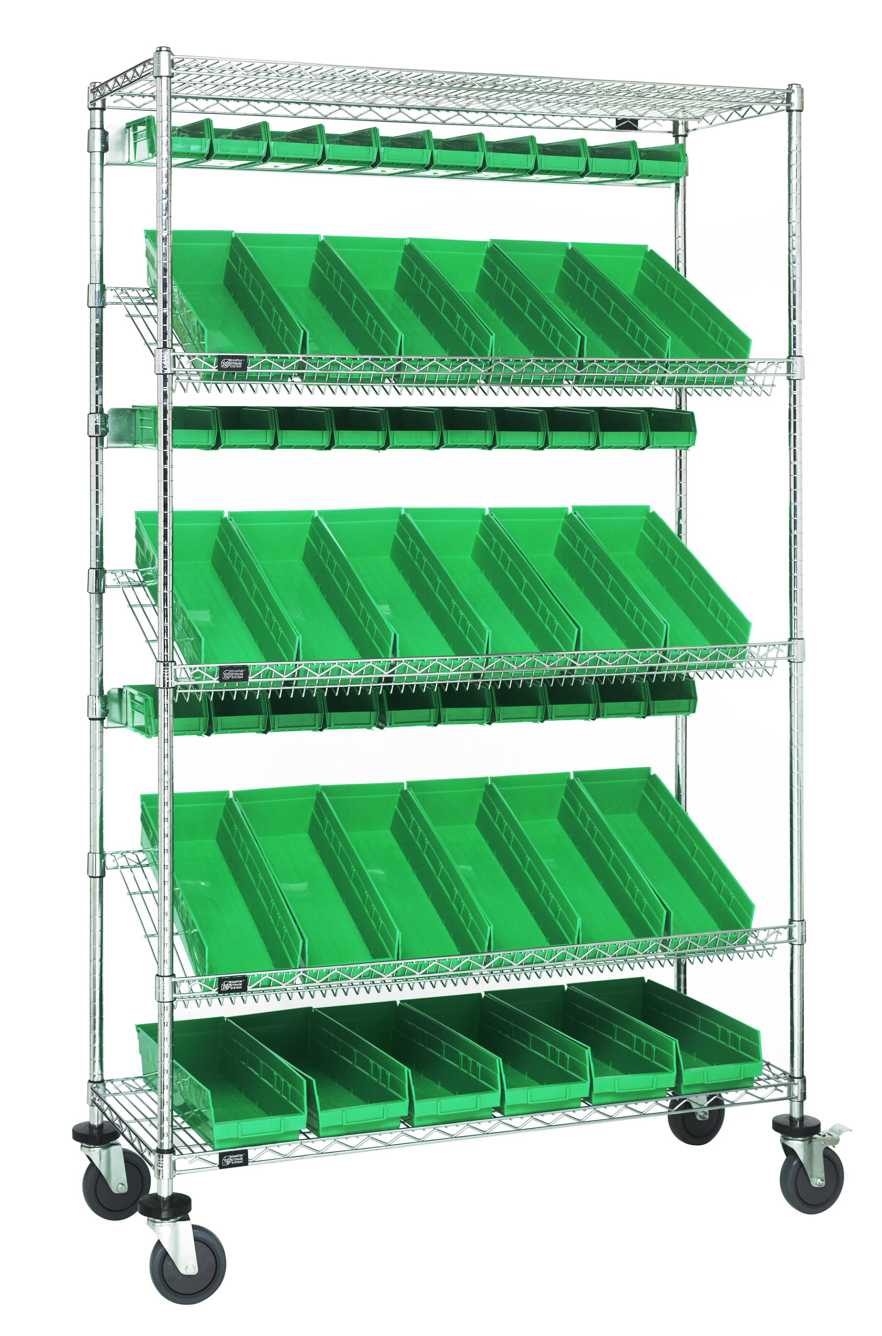 Slanted Shelf Cart, 48"W x 18"D x 80"H, 1200 lbs. load capacity, includes: (2) flat and (3) slanted shelves, (20) QSB104 and (30) QUS220 green bins, and casters with donut bumpers, chrome plated finish