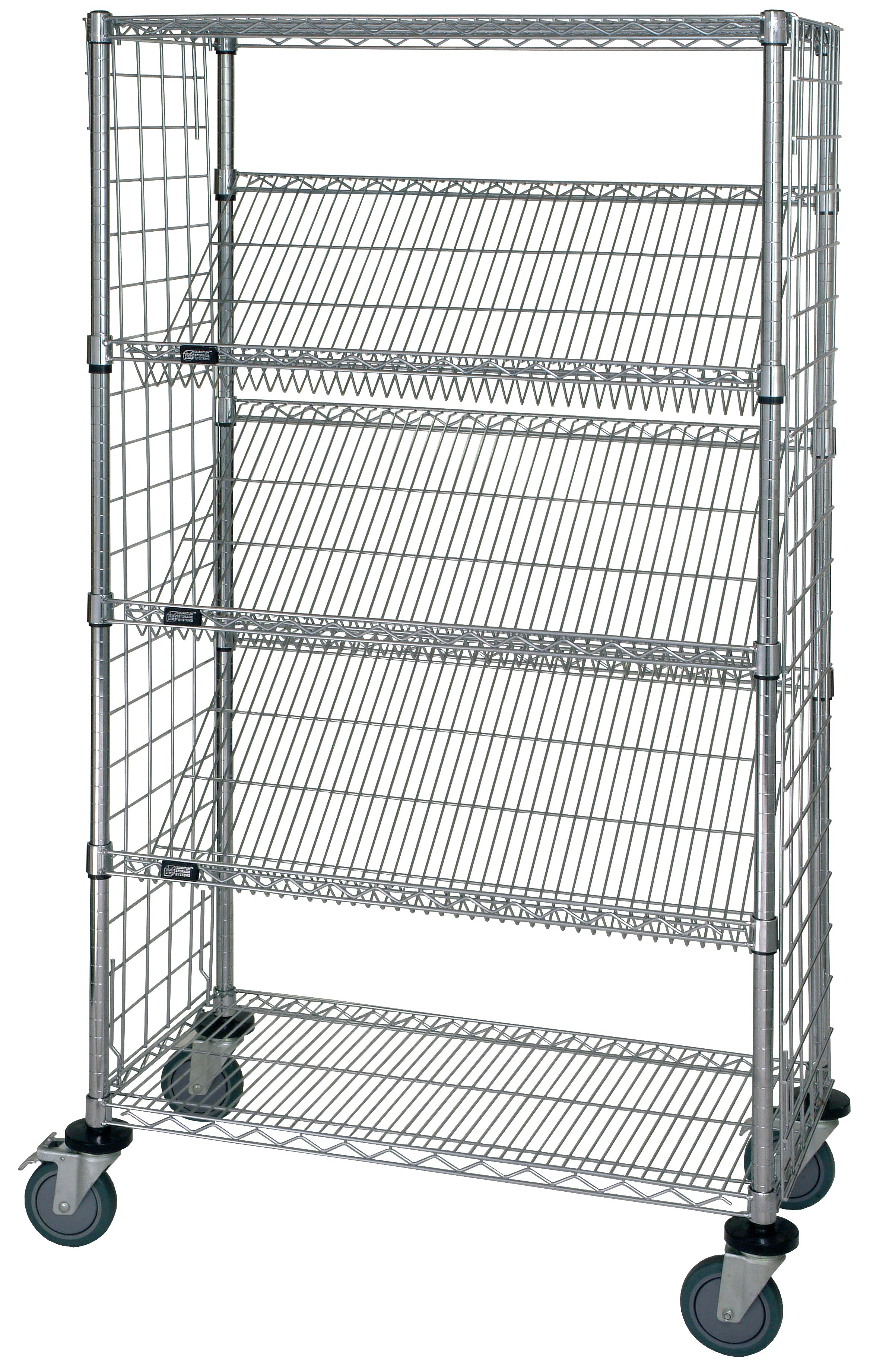 Slanted Shelf Enclosure Cart, 36"W x 18"D x 69"H, 1200 lbs load capacity, includes: (2) flat and (4) slanted shelves, and side enclosure panels, chrome plated finish, shipped KD