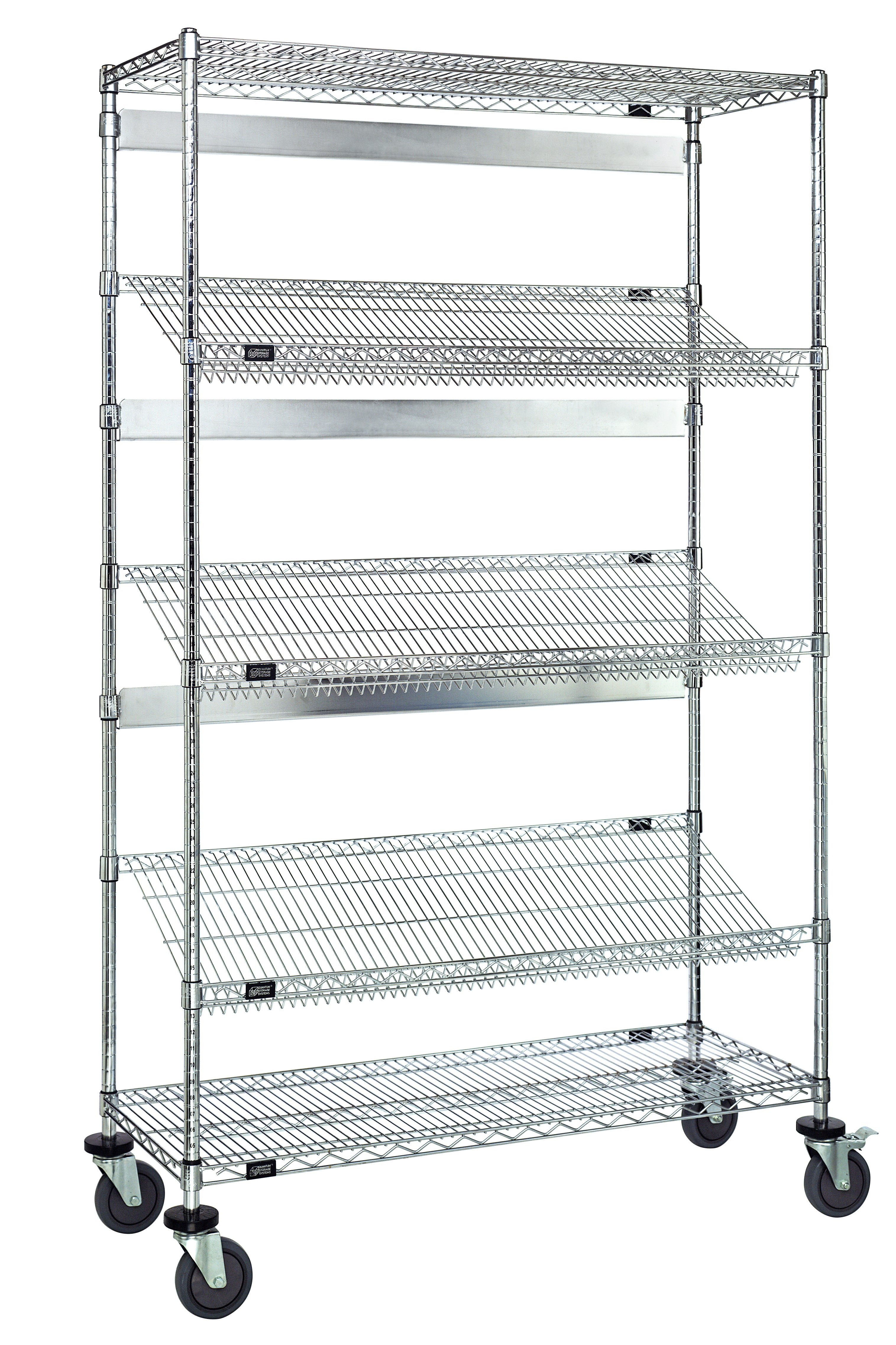 Slanted Wire Unit, 48"W x 24"D x 80"H, includes: (1) shelf, (1) shelf cover, (5) slanted shelves, (4) posts, and (4) casters and donut bumpers, chrome plated finish