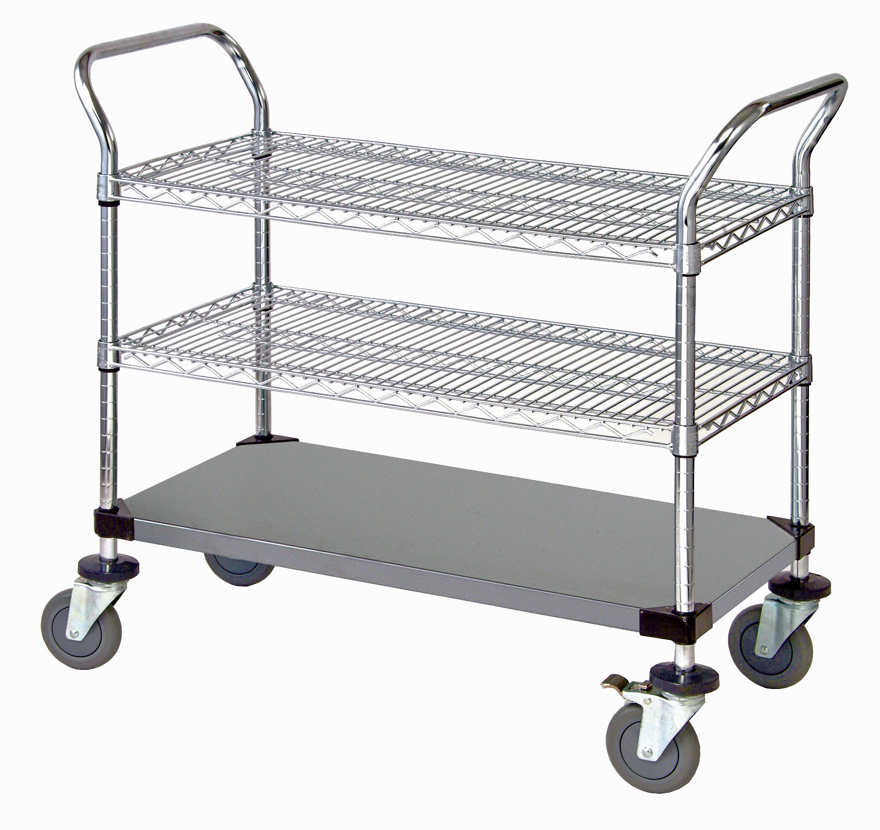 Utility Cart, 42"W x 21"D x 37-1/2"H, 1200 lb. capacity, (2) wire stainless shelf, (1) solid stainless shelf, (2) "U" shaped handles, open base, donut bumpers, (4) 5" polyurethane swivel casters (2 with brakes), 304 stainless steel finish, NSF