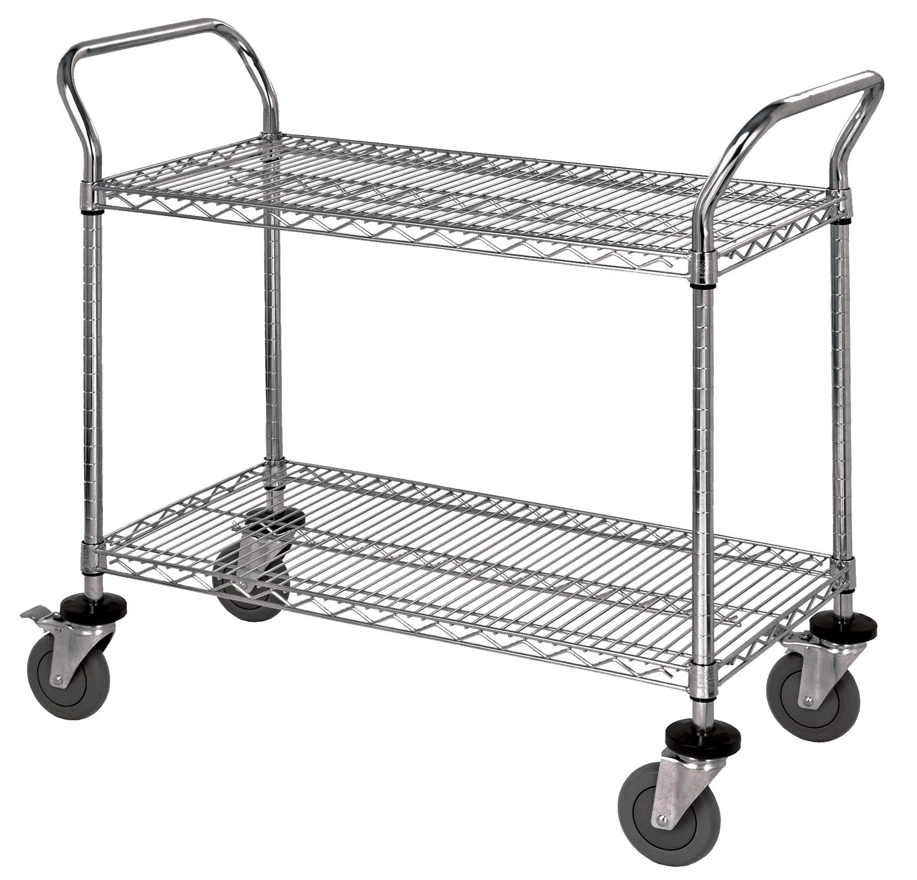 Utility Cart, 60"W x 21"D x 37-1/2"H, 1200 lb. capacity, (2) wire stainless shelves, (2) "U" shaped handles, open base, donut bumpers, (4) 5" polyurethane swivel casters (2 with brakes), 304 stainless steel finish, NSF
