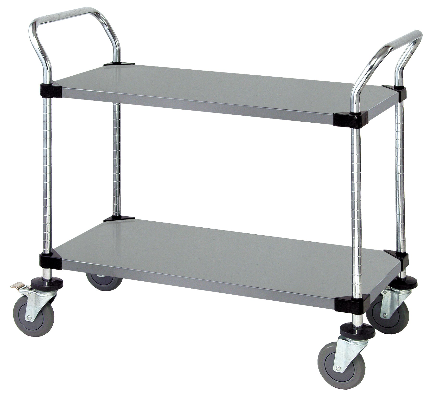 Utility Cart, 30"W x 24"D x 37-1/2"H, 1200 lb. capacity, (2) solid stainless shelves, (2) "U" shaped handles, open base, donut bumpers, (4) 5" polyurethane swivel casters (2 with brakes), 304 stainless steel finish, NSF