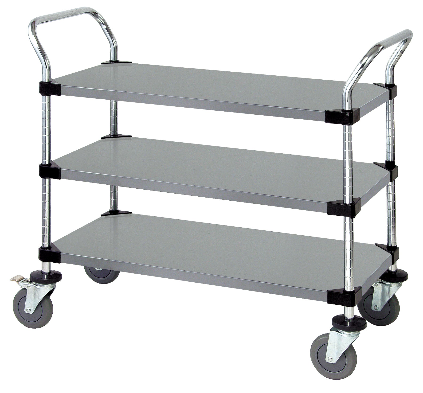 Utility Cart, 60"W x 24"D x 37-1/2"H, 1200 lb. capacity, (3) solid stainless shelves, (2) "U" shaped handles, open base, donut bumpers, (4) 5" polyurethane swivel casters (2 with brakes), 304 stainless steel finish, NSF