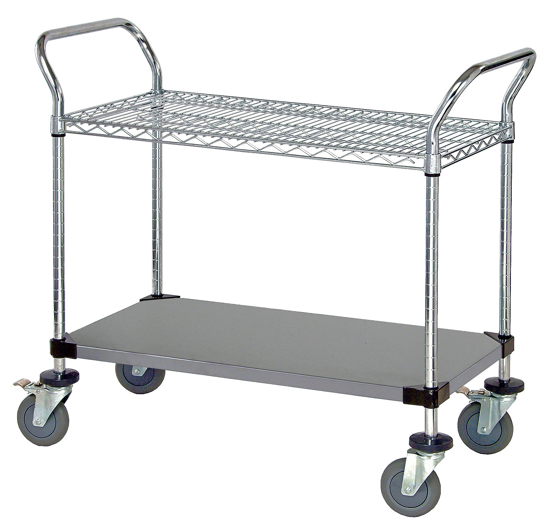 Utility Cart, 60"W x 24"D x 37-1/2"H, 1200 lb. capacity, (1) wire stainless shelf, (1) solid stainless shelf, (2) "U" shaped handles, open base, donut bumpers, (4) 5" polyurethane swivel casters (2 with brakes), 304 stainless steel finish, NSF
