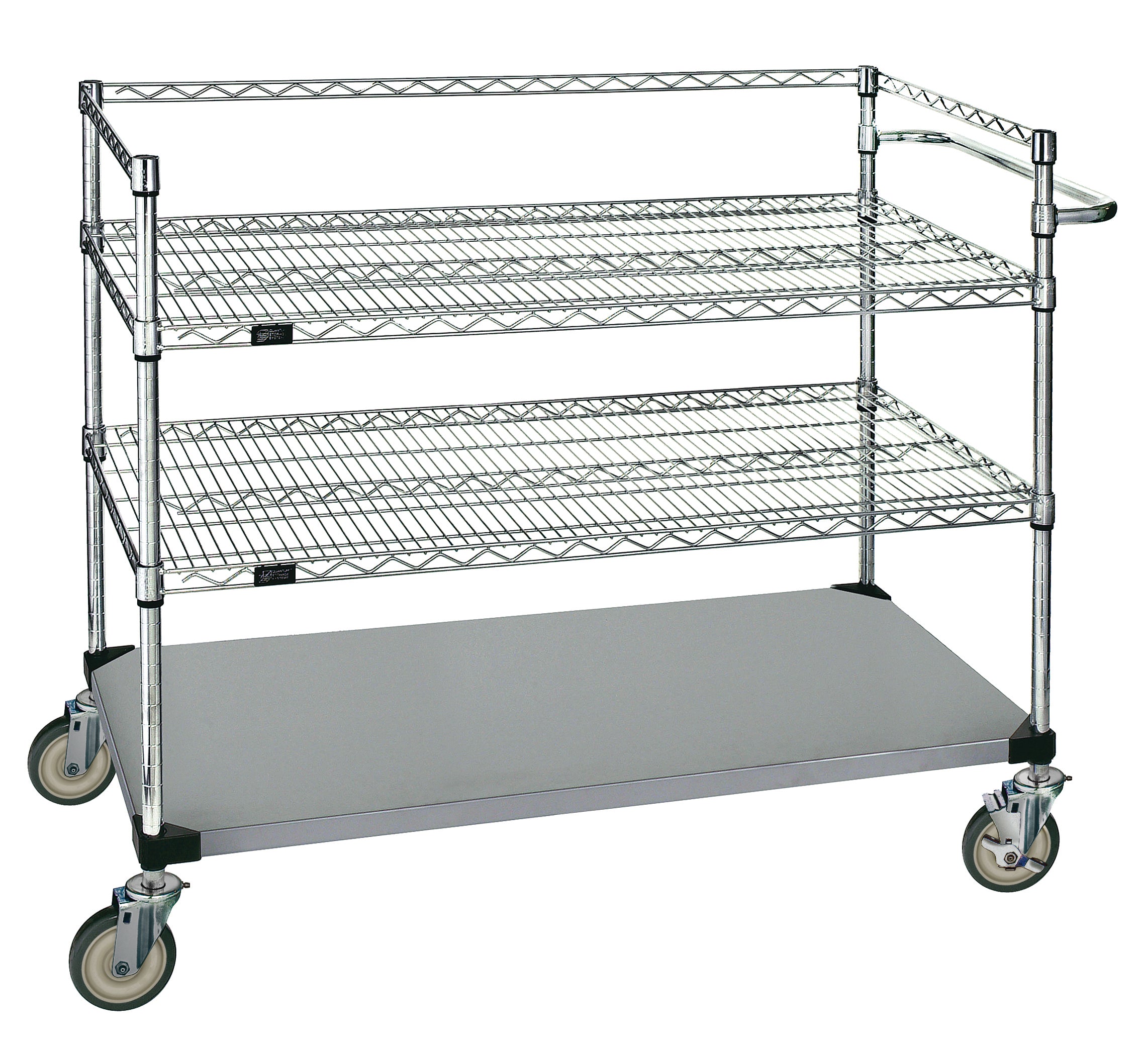 Surgical Cart, 36"W x 24"D x 49"H, 1200 lbs. load capacity, includes: (3) solid shelves, (1) 3-sided frame, (1) push handle, (4) posts, (4) donut bumpers, (4) 5" polyurethane swivel casters (2 with brakes), 304 stainless steel, NSF