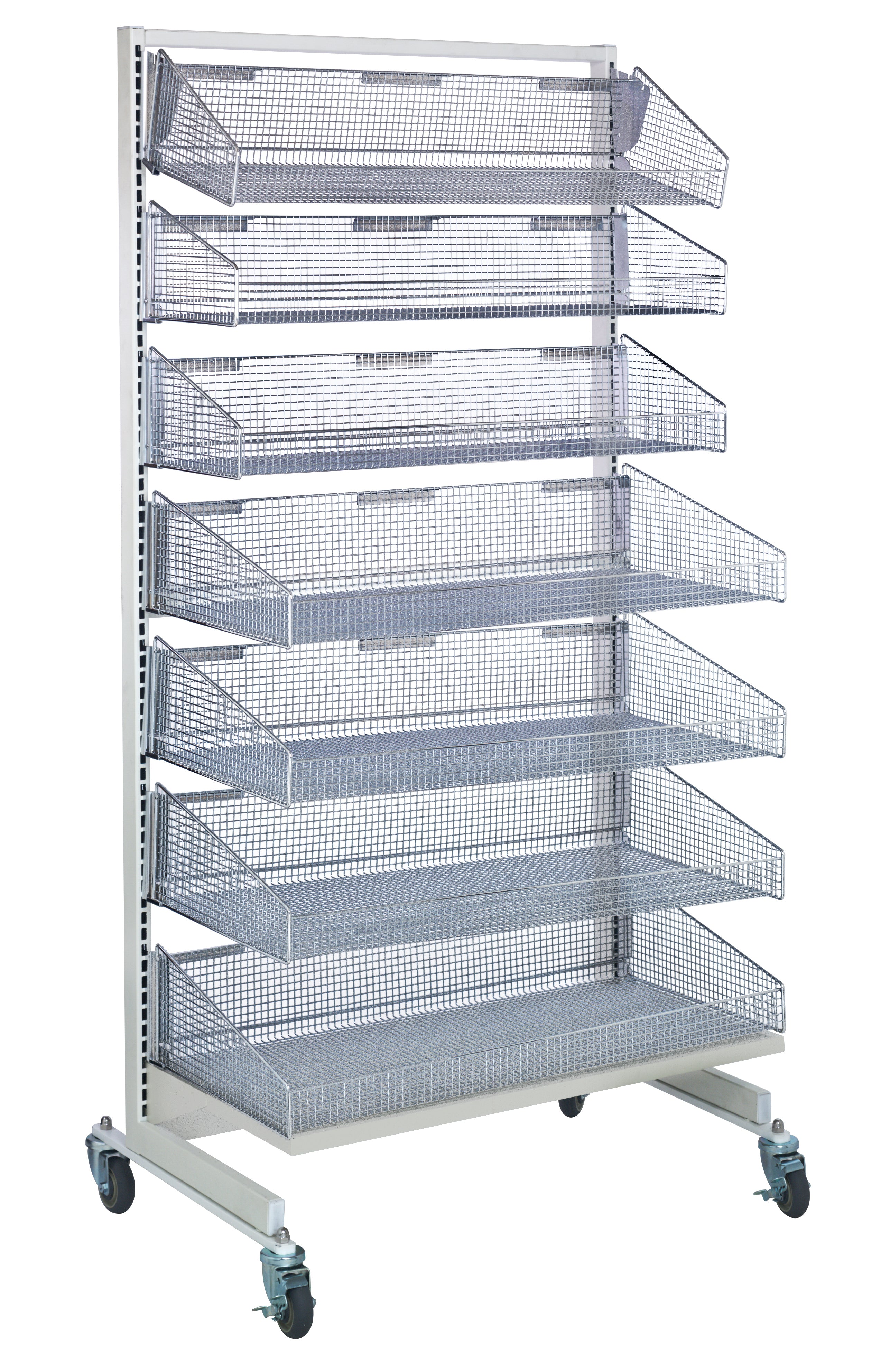 Partition Wall Starter Unit, mobile, single sided, 18"W x 17"D x 74"H, includes: (3) 1017HBC and (4) 1617HBC baskets, (9) 1006DHB and (12) 1606DHB dividers, and (7) label holders, white and chrome finish