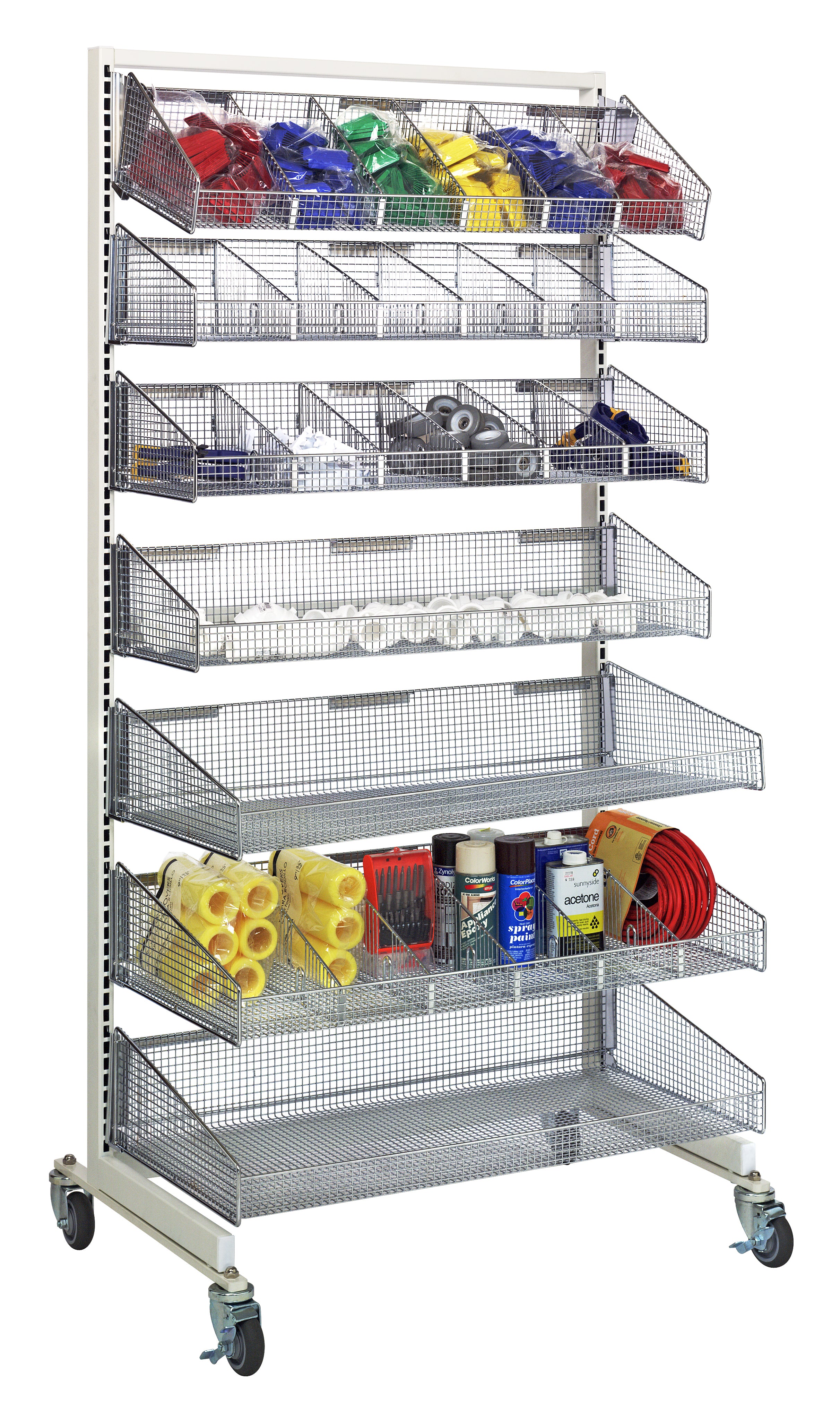 Partition Wall Starter Unit, mobile, single sided, 18"W x 26"D x 74"H, includes: (4) 1017HBC and (3) 1617HBC baskets, (12) 1006DHB and (9) 1606DHB dividers, and (7) label holders, white and chrome finish