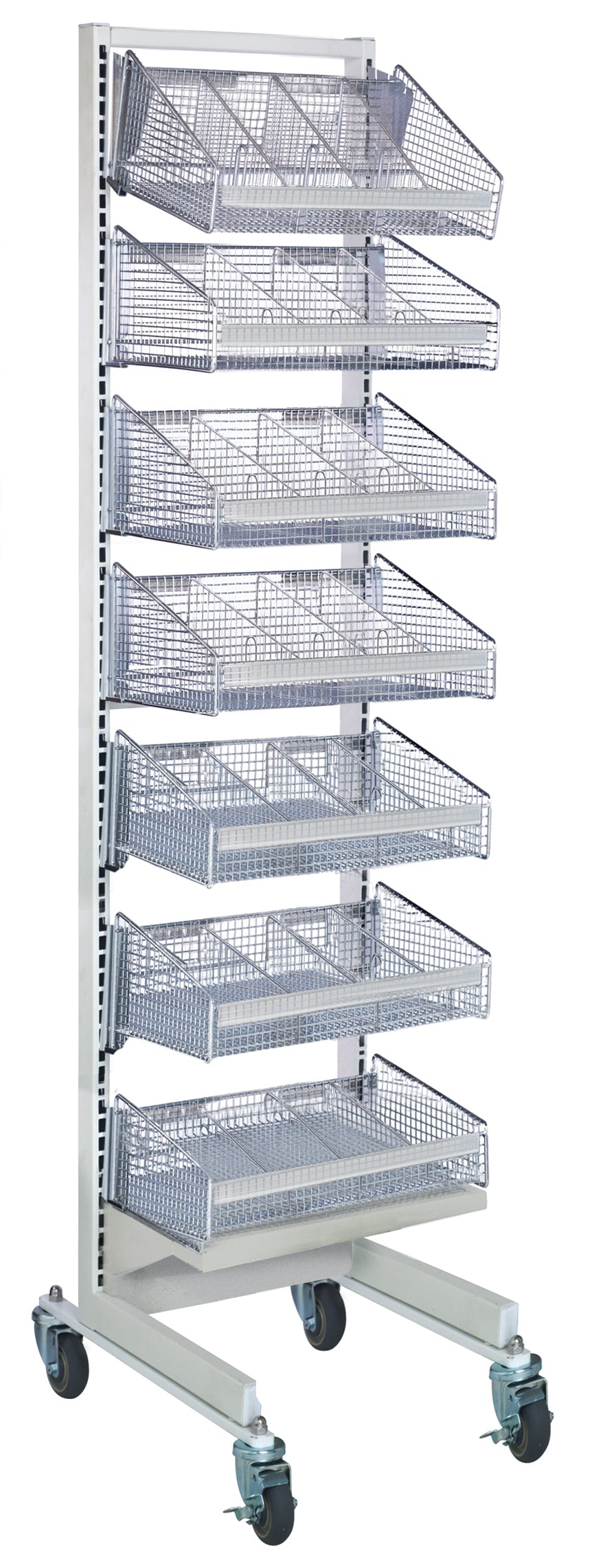 Partition Wall Starter Unit, mobile, single sided, 18"W x 26"D x 74"H, includes: (7) 1017HBC baskets and (8) dividers, white and chrome finish