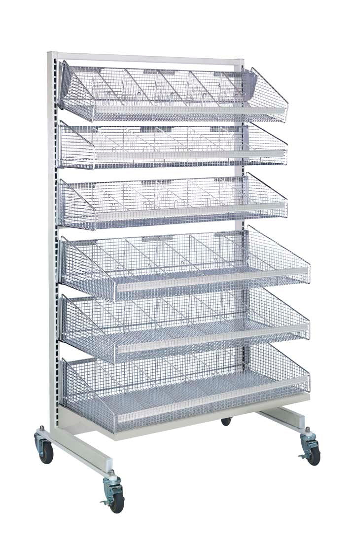 Partition Wall Starter Unit, mobile, single sided, 36"W x 26"D x 74"H, includes: (3) 1035HBC and (3) 1635HBC baskets with (15) dividers each and (6) label holders, white and chrome finish
