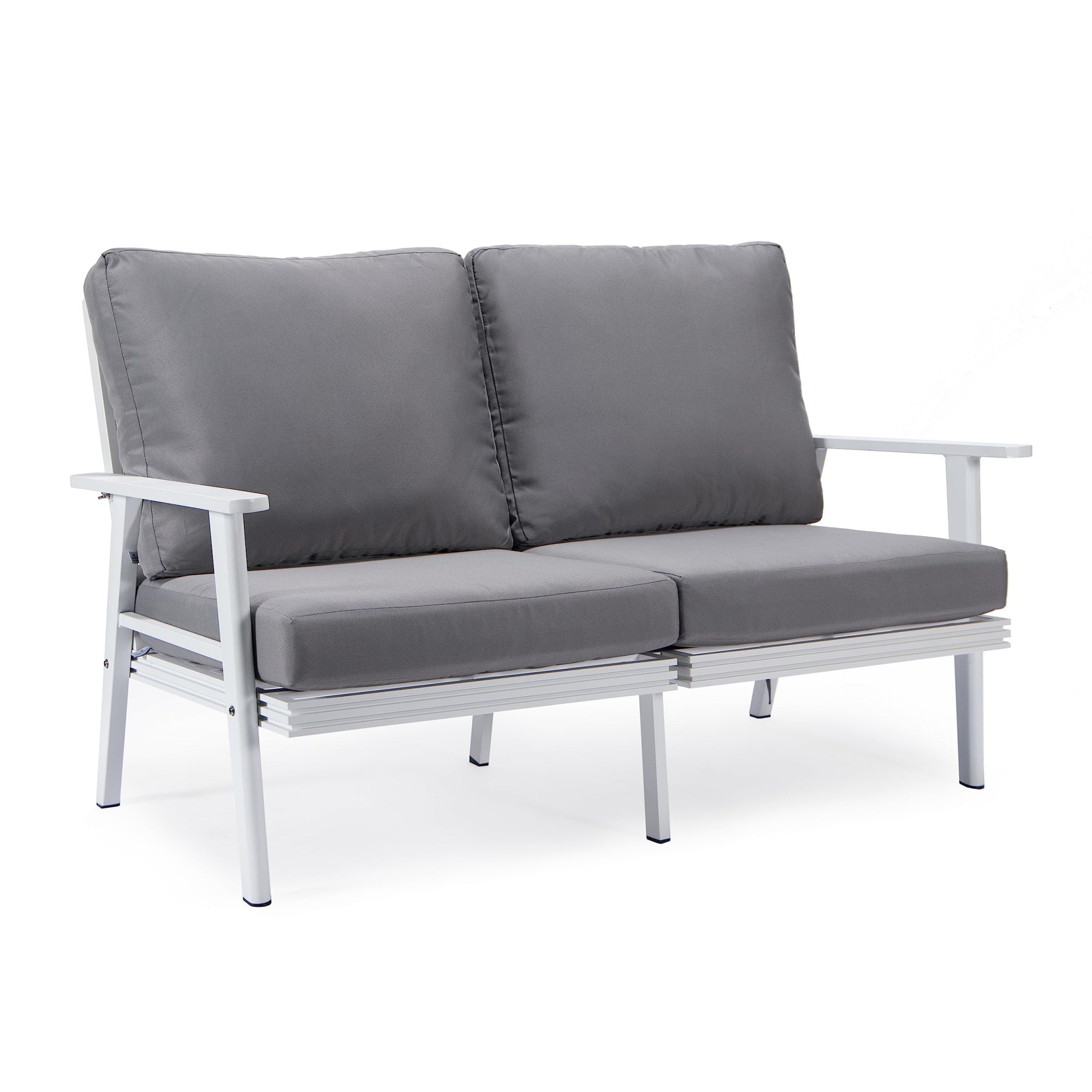 Leisuremod Walbrooke Modern Outdoor Patio Loveseat With White Aluminum Frame And Removable Cushions For Patio And Backyard Garde