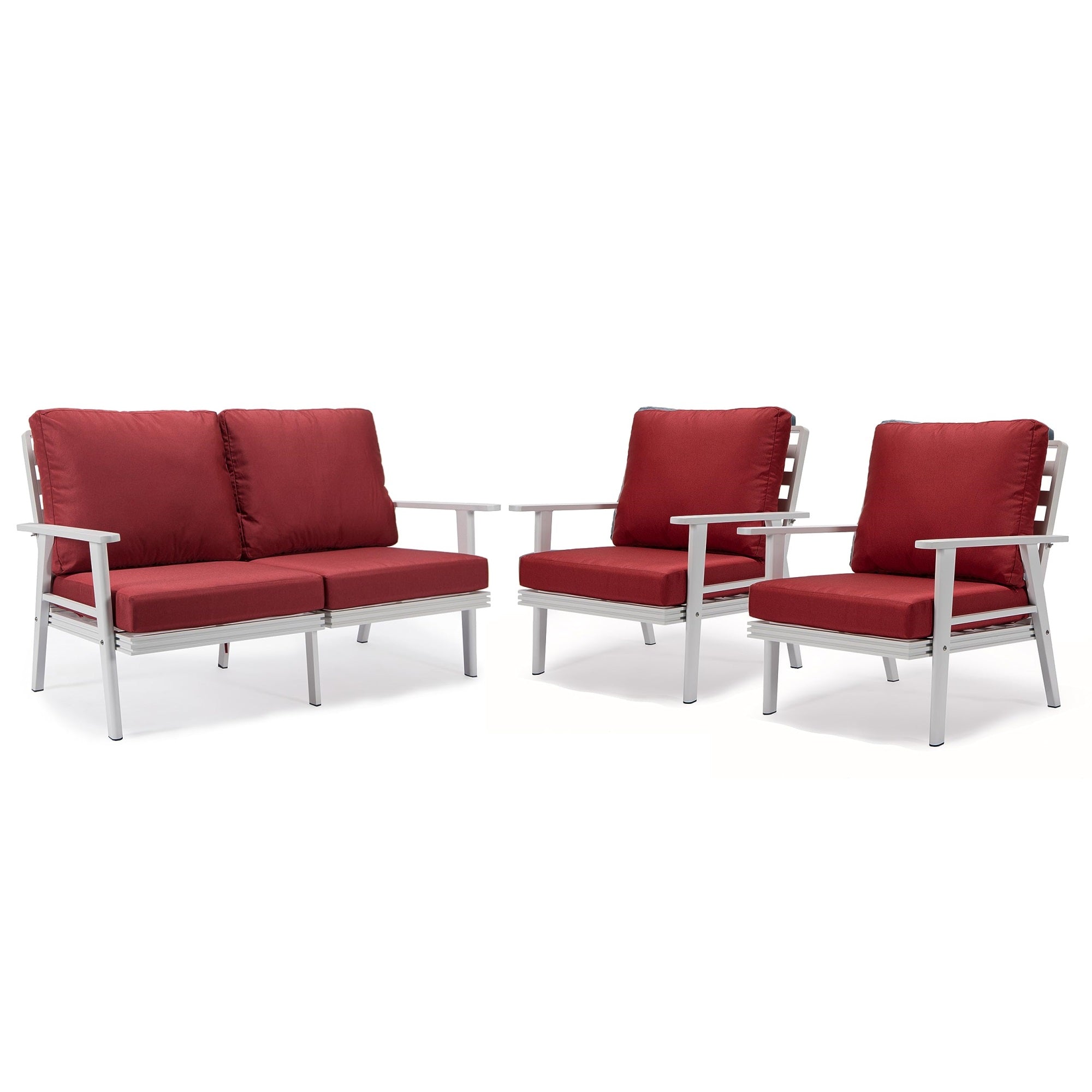 Leisuremod Walbrooke Modern 3-Piece Outdoor Patio Set With White Aluminum Frame And Removable Cushions Loveseat And Armchairs Fo