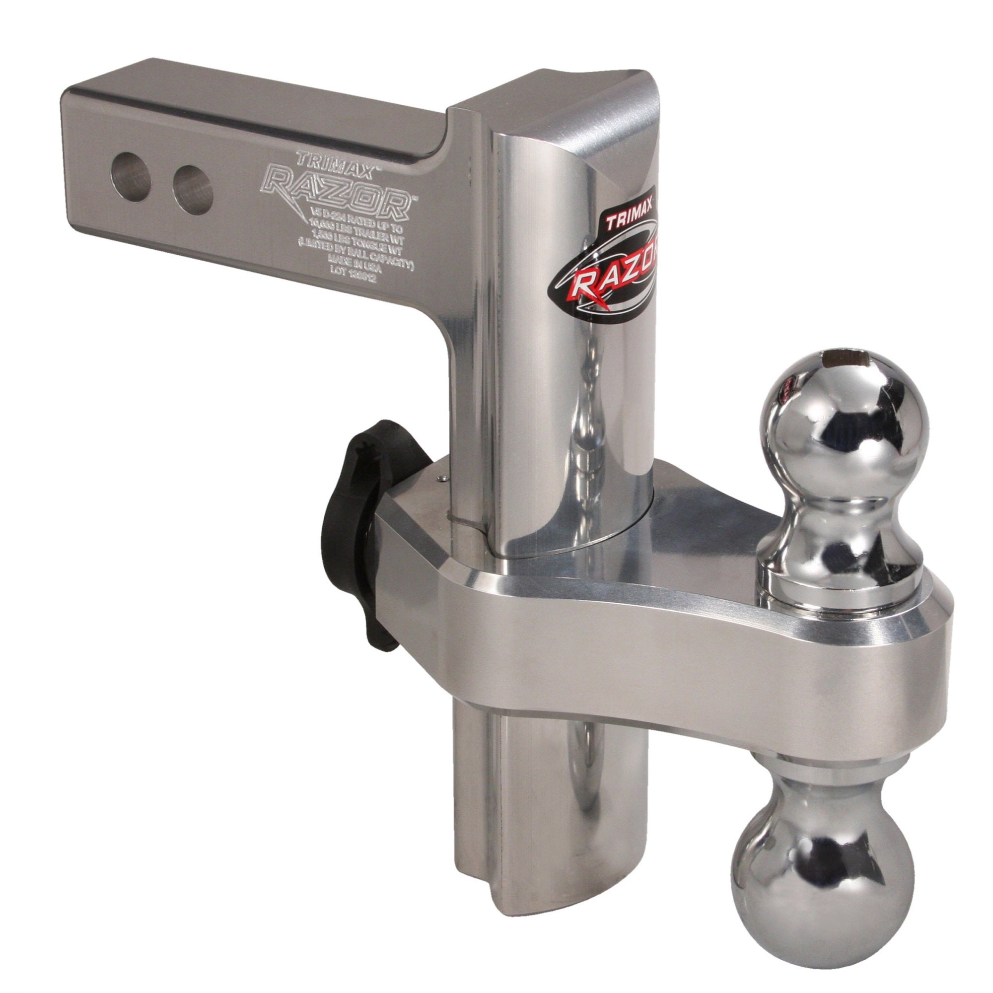 Trimax Trz8Al 8' Premium Aluminum Adjustable Hitch With Dual Hitch Ball And T5 Receiver Lock, Polished Aluminum