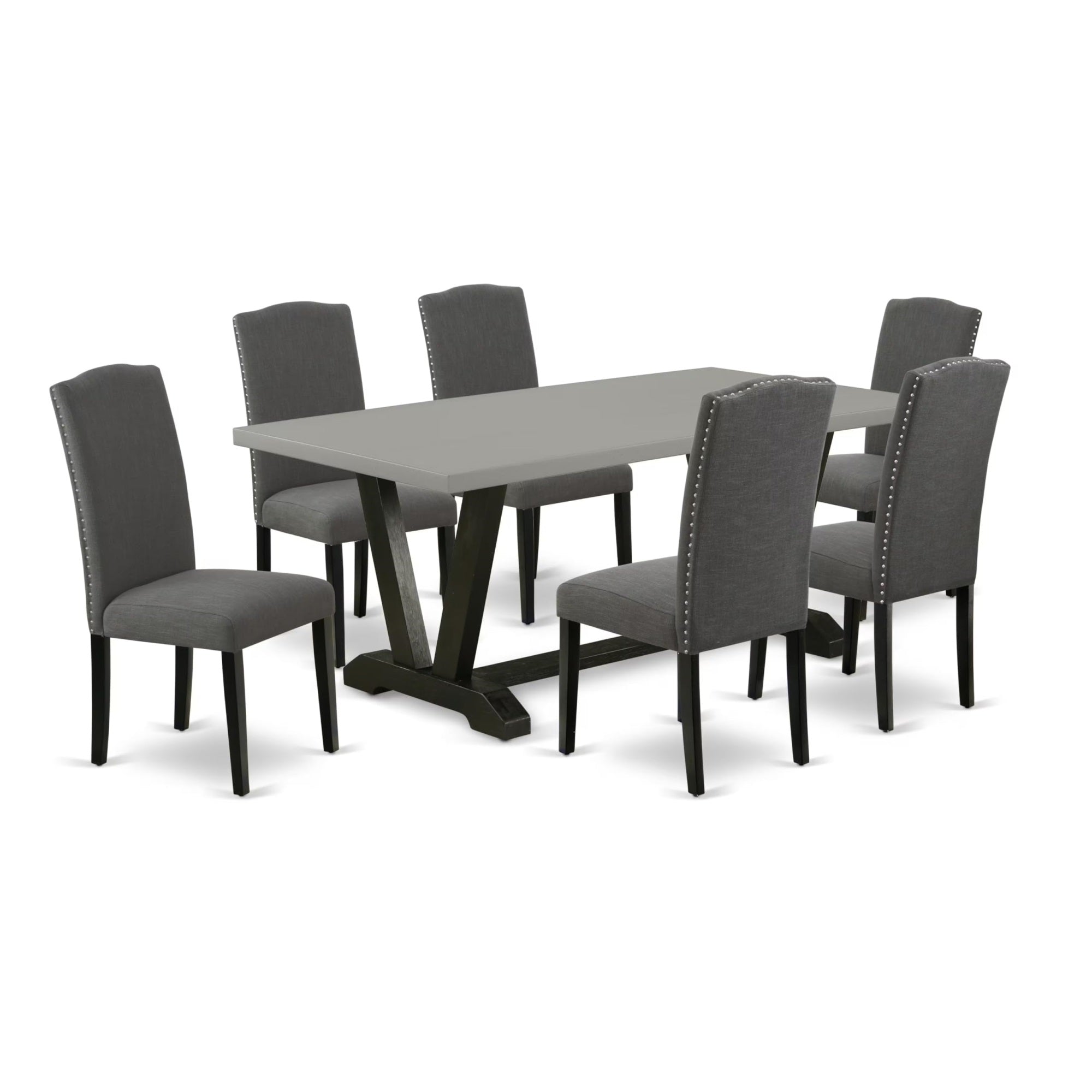 Casafoyer V-Style 7 Piece Kitchen Set Consist Of A Rectangle Table With V-Legs And 6 Dark Gotham Linen Fabric Parson Dining Chairs, 40X72 Inch, Multi-Color