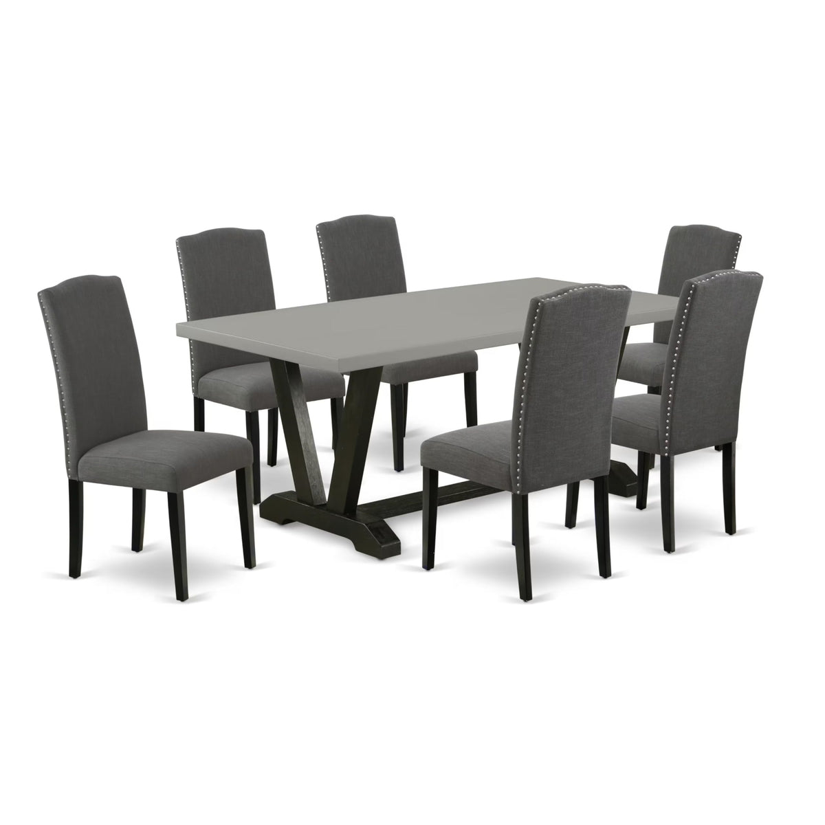 Casafoyer V-Style 7 Piece Kitchen Set Consist Of A Rectangle Table With V-Legs And 6 Dark Gotham Linen Fabric Parson Dining Chairs, 40X72 Inch, Multi-Color