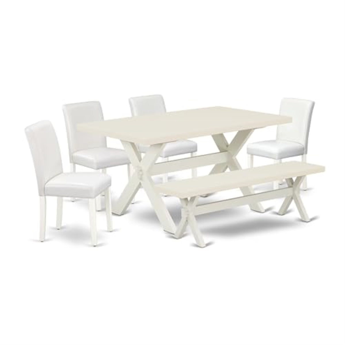 Casafoyer X-Style 6 Piece Set Contains A Rectangle Dining Room Table With X-Legs And 4 White Faux Leather Parson Chairs With A Bench, 36X60 Inch, X026Ab264-6