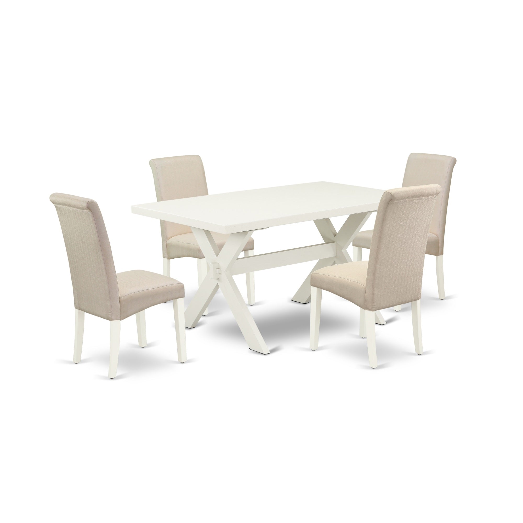 East West Furniture 5-Piece Modern Dining Table Set An Excellent Linen White Kitchen Rectangular Table Top And 4 Stunning Linen Fabric Dining Chairs With High Roll Chair Back, Linen White Finish