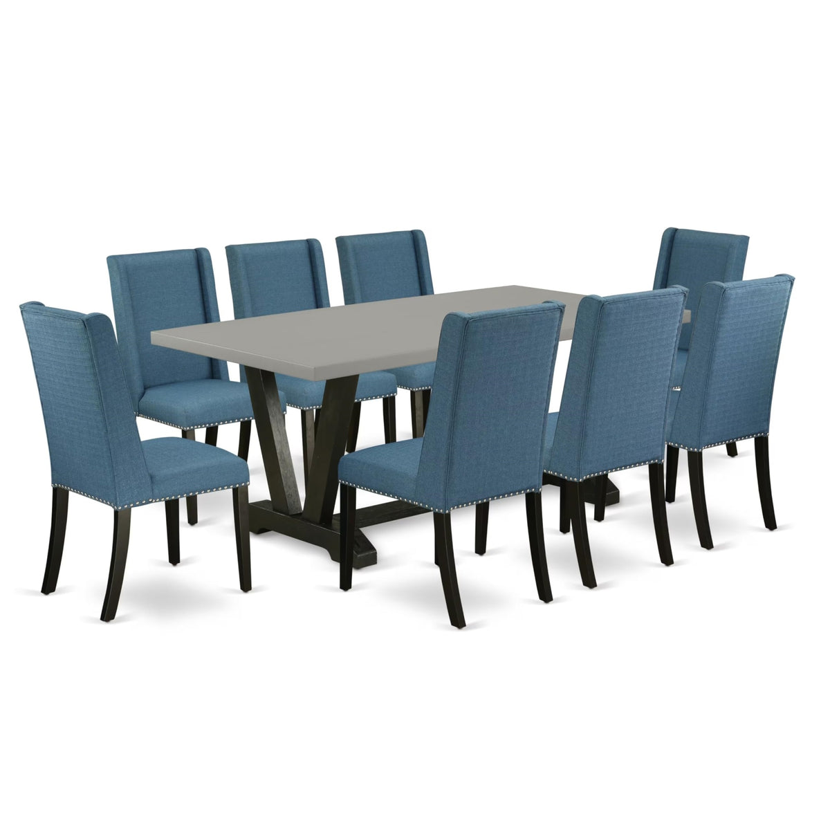 Casafoyer V697Fl121-9 9 Piece Dining Table Set Includes A Rectangle Dining Room Table With V-Legs And 8 Blue Linen Fabric Parsons Chairs, 40X72 Inch, Multi-Color