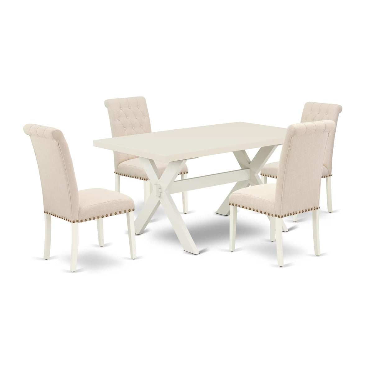 Casafoyer X026Br202-5 5 Piece Dining Room Table Set Includes A Rectangle Dining Table With X-Legs And 4 Light Beige Linen Fabric Upholstered Chairs, 36X60 Inch, Multi-Color