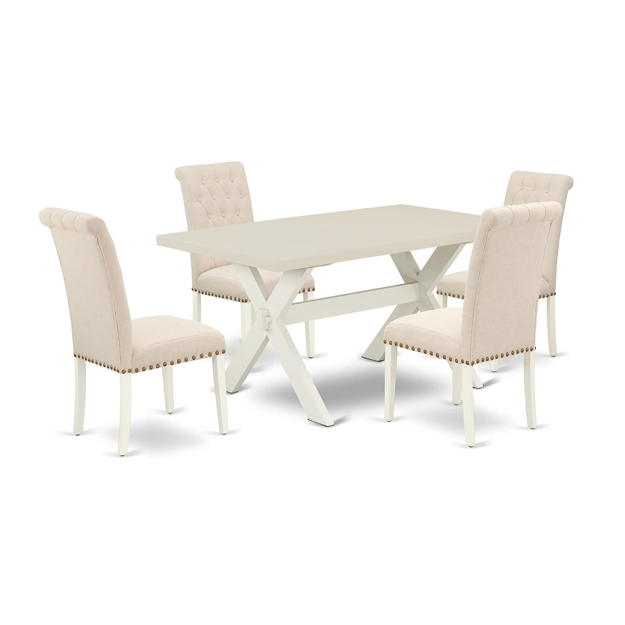 Ergode X026Br202-5, 5-Pc Rectangular Dining Room Table Set, Asian Wood Table, 4 Parson Chairs, Linen White Finish, 72X40X30 Inch Table, 26X19X42 Inch Chairs