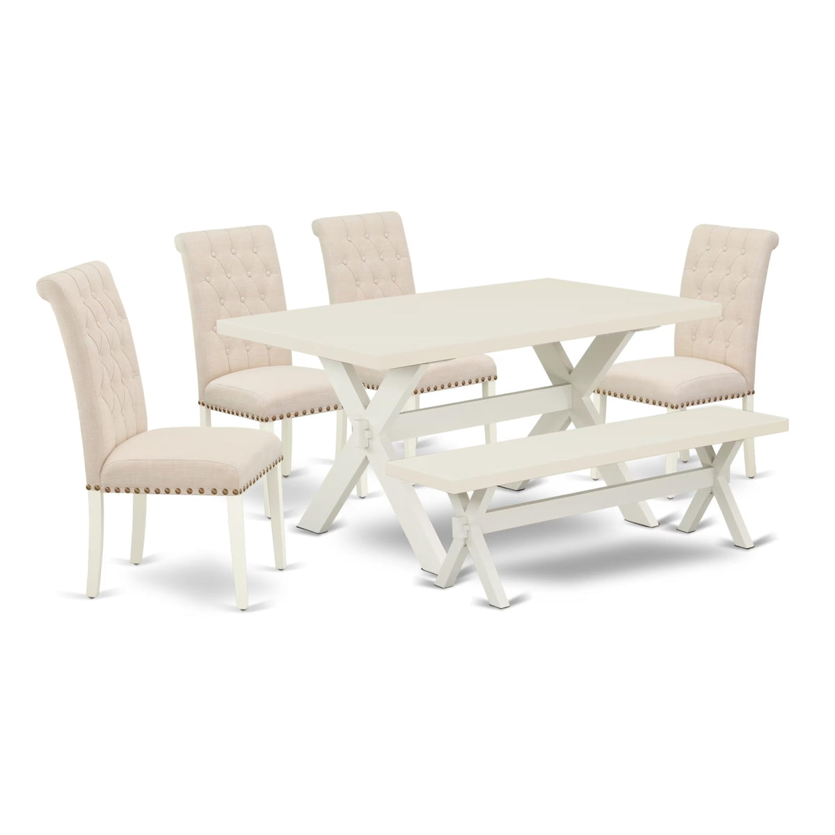 Casafoyer X026Br202-6 6 Piece Kitchen Table Set Contains A Rectangle Dining Table With X-Legs And 4 Light Beige Linen Fabric Parson Chairs With A Bench, 36X60 Inch, Multi-Color