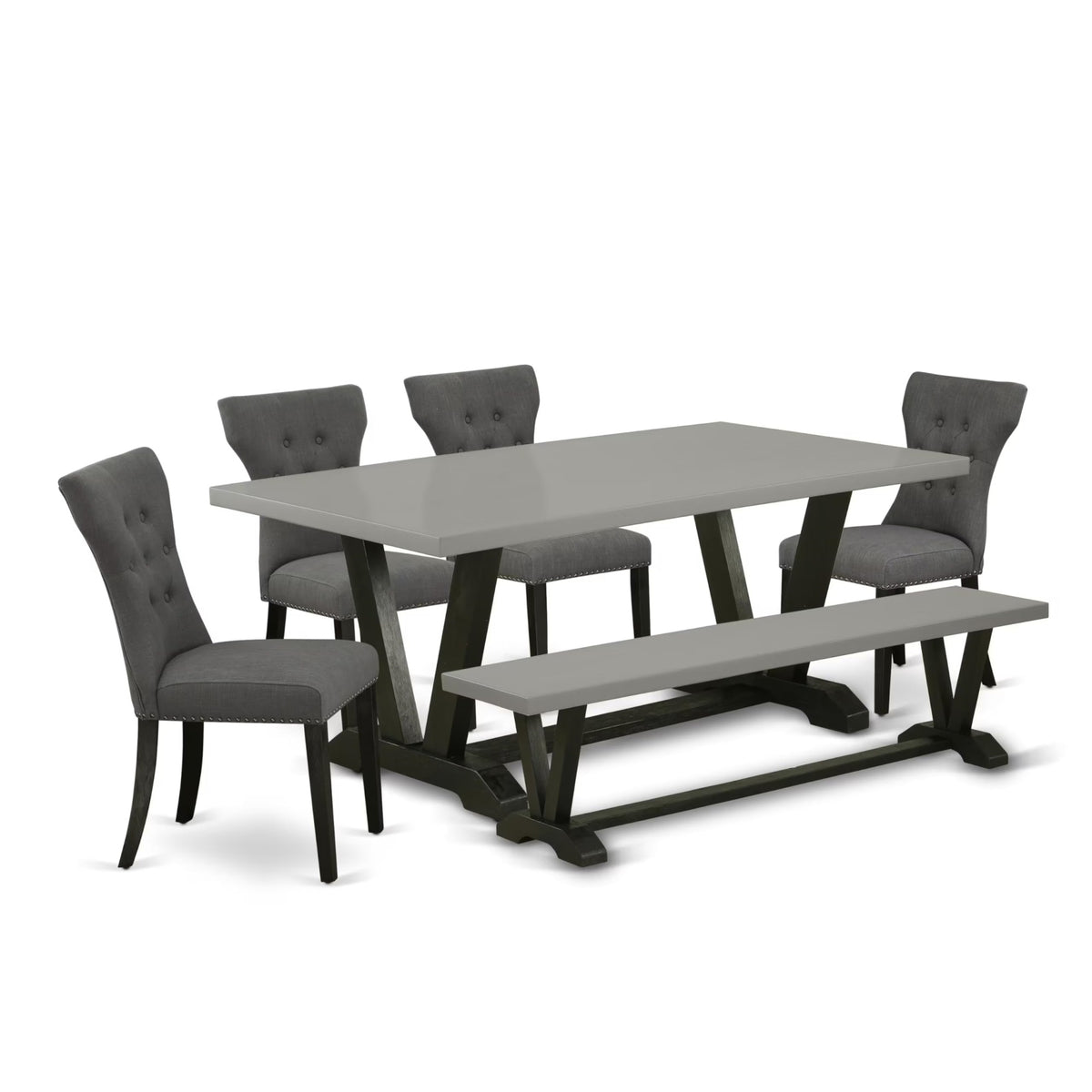 Casafoyer V697Ga650-6 6 Piece Dining Table Set Contains A Rectangle Kitchen Table With V-Legs And 4 Dark Gotham Linen Fabric Parson Chairs With A Bench, 40X72 Inch, Multi-Color