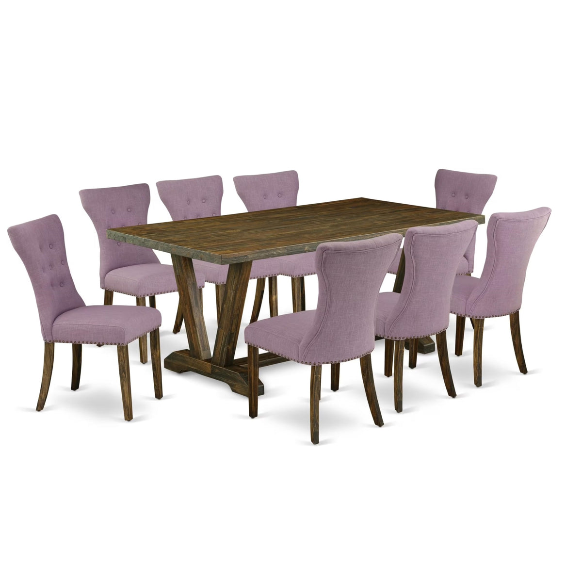 Casafoyer V777Ga740-9 9 Piece Dining Table Set Includes A Rectangle Dining Room Table With V-Legs And 8 Dahlia Linen Fabric Upholstered Parson Chairs, 40X72 Inch, Multi-Color