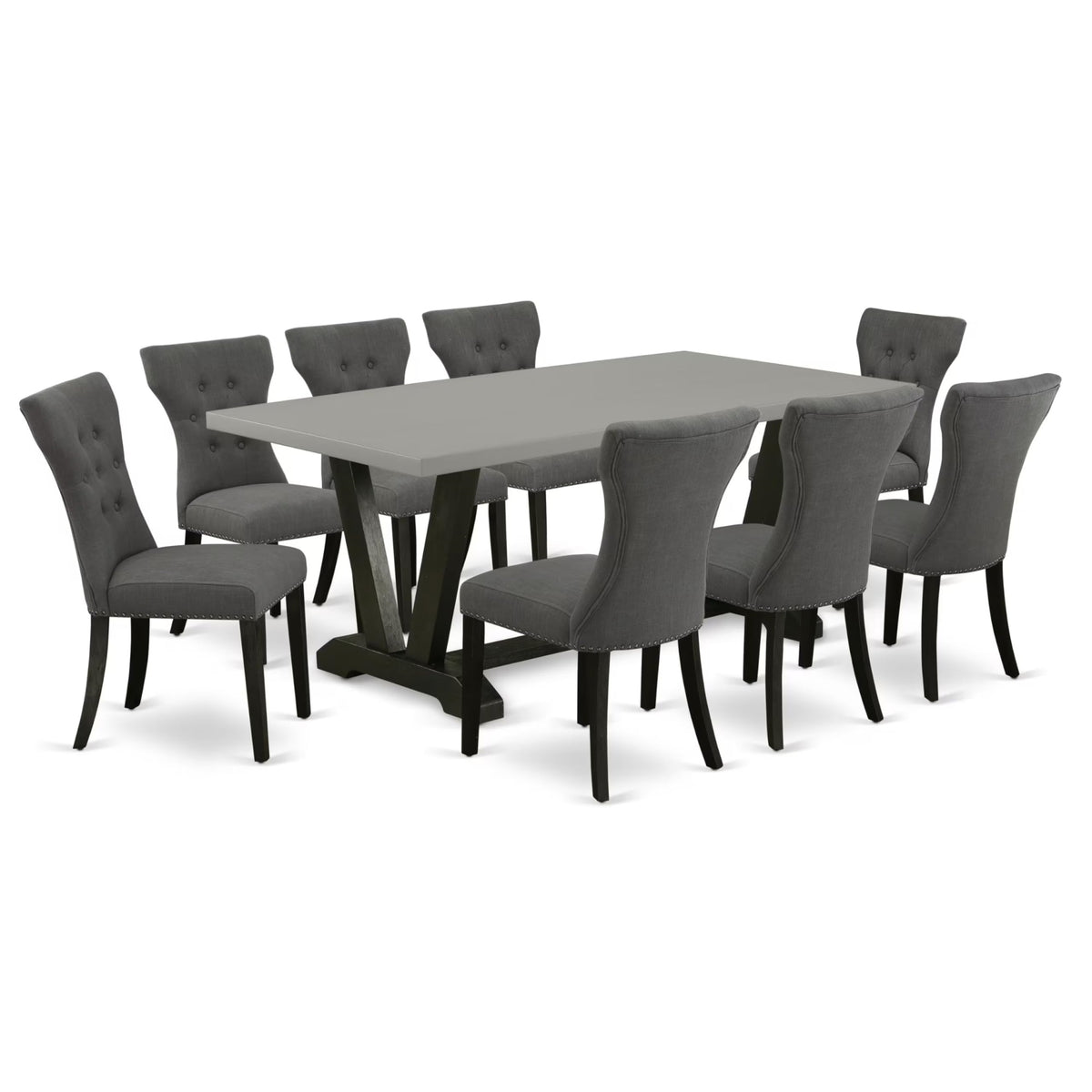 Casafoyer V697Ga650-9 9 Piece Modern Dining Table Set Includes A Rectangle Wooden Table With V-Legs And 8 Dark Gotham Linen Fabric Upholstered Chairs, 40X72 Inch, Multi-Color