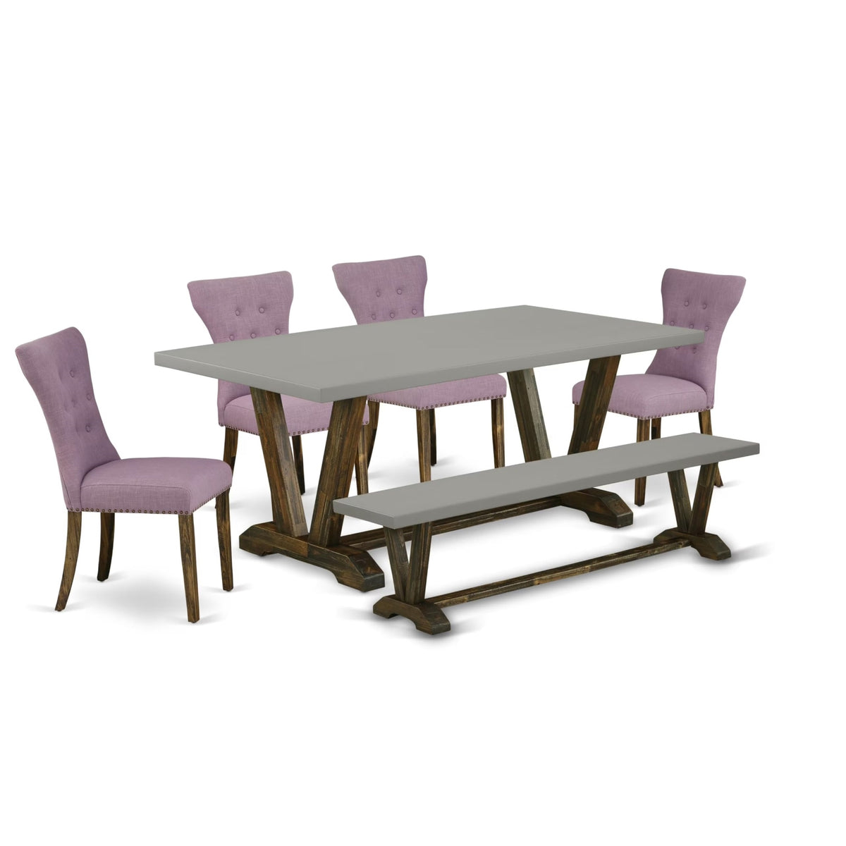 Casafoyer V797Ga740-6 6 Piece Dining Table Set Contains A Rectangle Table With V-Legs And 4 Dahlia Linen Fabric Upholstered Chairs With A Bench, 40X72 Inch, Multi-Color