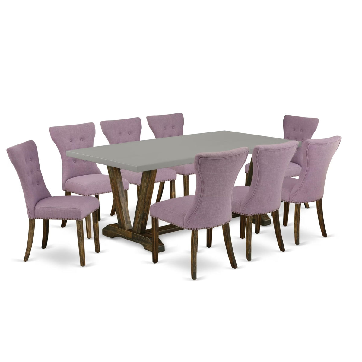 Casafoyer V797Ga740-9 9 Piece Modern Dining Table Set Includes A Rectangle Wooden Table With V-Legs And 8 Dahlia Linen Fabric Parson Dining Chairs, 40X72 Inch, Multi-Color
