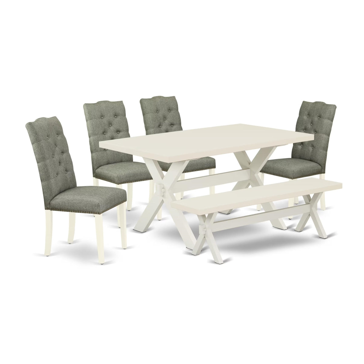 Casafoyer X026El207-6 6 Piece Dining Room Table Set Contains A Rectangle Kitchen Table With X-Legs And 4 Gray Linen Fabric Parson Chairs With A Bench, 36X60 Inch, Multi-Color