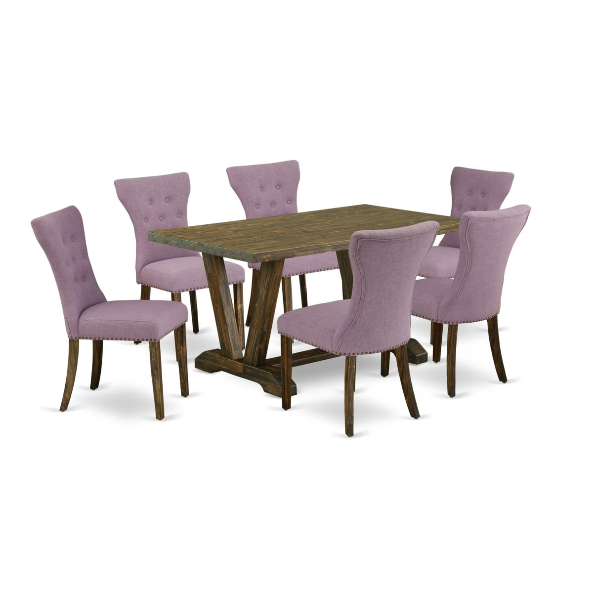 Casafoyer V677Ga650-7 7 Piece Dining Room Table Set Consist Of A Rectangle Dining Table With V-Legs And 6 Dark Gotham Linen Fabric Upholstered Chairs, 40X72 Inch, Multi-Color