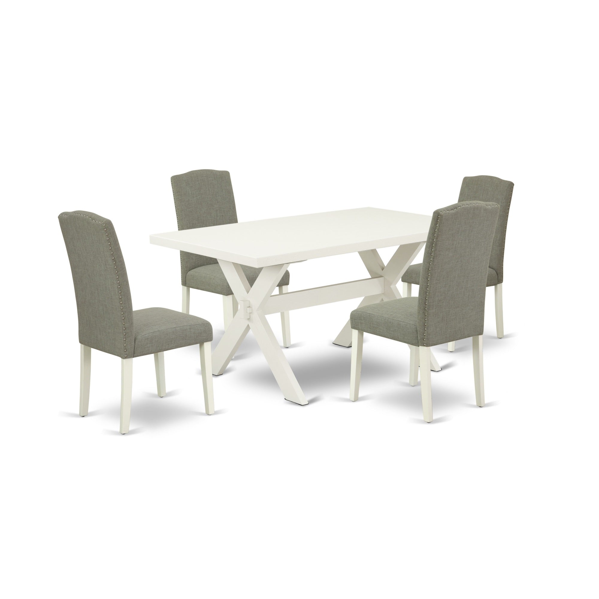 East West Furniture 5-Pc Dinette Set Included 4 Parson Dining Chairs Upholstered Nails Head Seat And Stylish Chair Back And Rectangular Dining Table With Linen White Rectangular Table Top - Linen White Finish