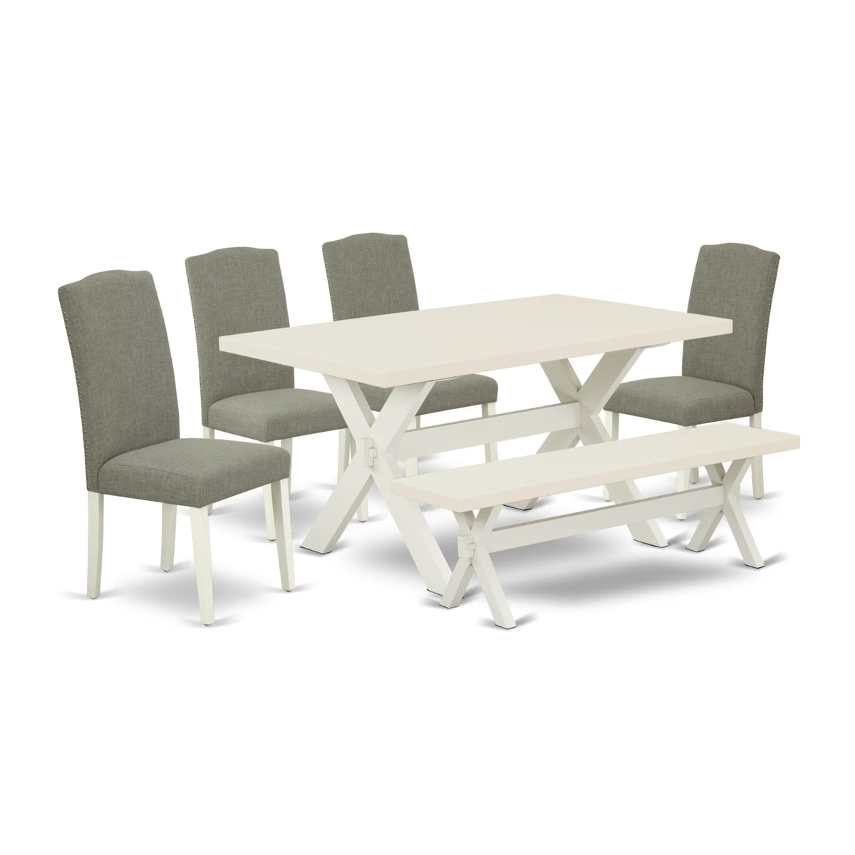 Casafoyer X026En206-6 6 Piece Dining Set Contains A Rectangle Dining Room Table With X-Legs And 4 Dark Shitake Linen Fabric Parson Chairs With A Bench, 36X60 Inch, Multi-Color