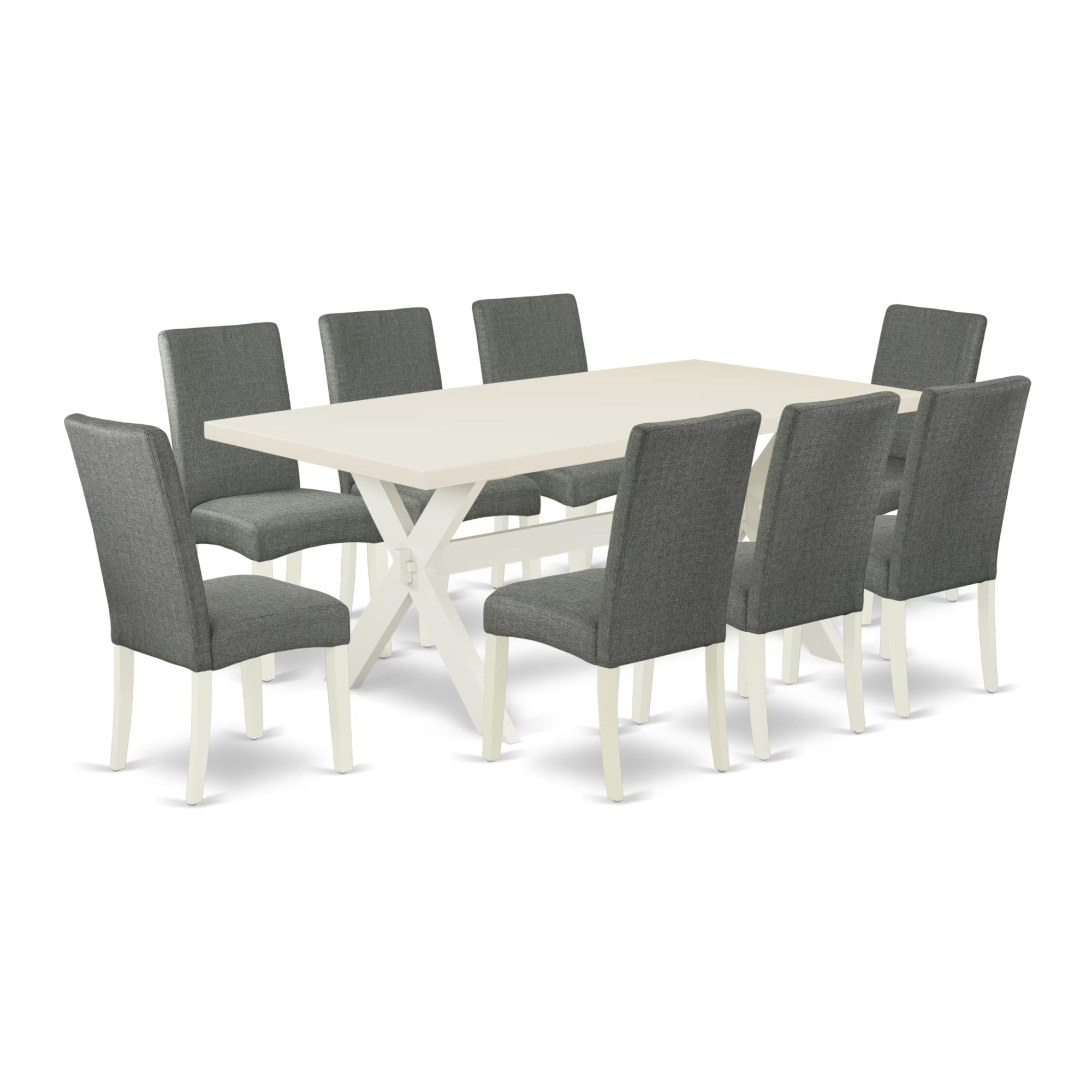 Casafoyer X027Dr207-9 9 Piece Dining Set Includes A Rectangle Dining Room Table With X-Legs And 8 Gray Linen Fabric Upholstered Parson Chairs, 40X72 Inch, Multi-Color
