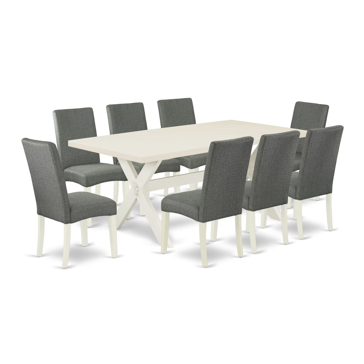 Casafoyer X027Dr207-9 9 Piece Dining Set Includes A Rectangle Dining Room Table With X-Legs And 8 Gray Linen Fabric Upholstered Parson Chairs, 40X72 Inch, Multi-Color