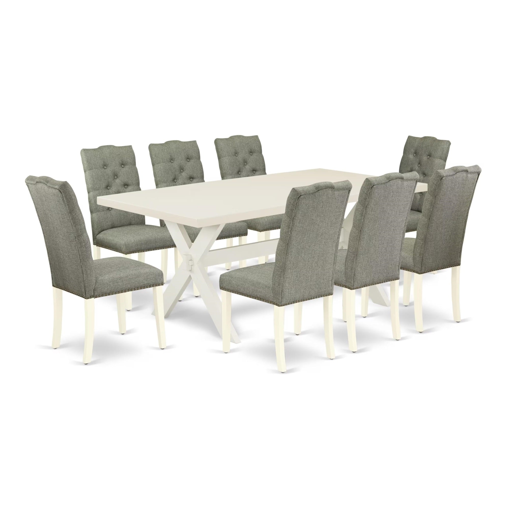 Casafoyer X027El207-9 9 Piece Kitchen Table & Chairs Set Includes A Rectangle Dining Room Table With X-Legs And 8 Gray Linen Fabric Parson Dining Chairs, 40X72 Inch, Multi-Color