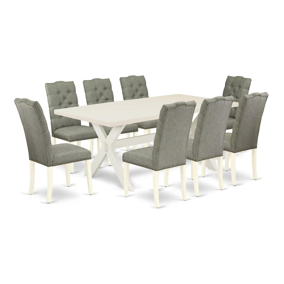 Casafoyer X027El207-9 9 Piece Kitchen Table & Chairs Set Includes A Rectangle Dining Room Table With X-Legs And 8 Gray Linen Fabric Parson Dining Chairs, 40X72 Inch, Multi-Color