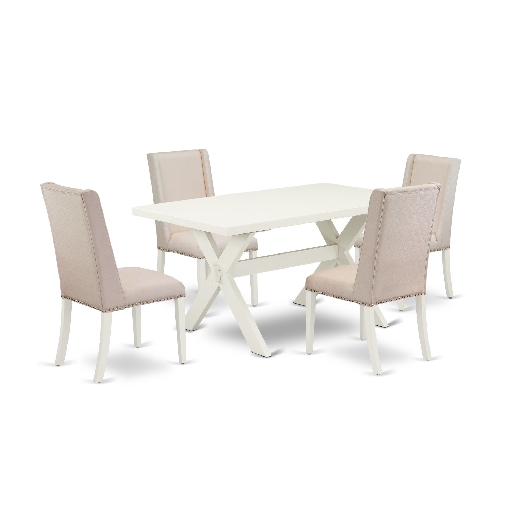 East West Furniture 5-Piece Modern Dining Table Set A Great Linen White Modern Dining Table Top And 4 Wonderful Linen Fabric Parson Dining Room Chairs With Nails Head And Stylish Chair Back, Linen White Finish