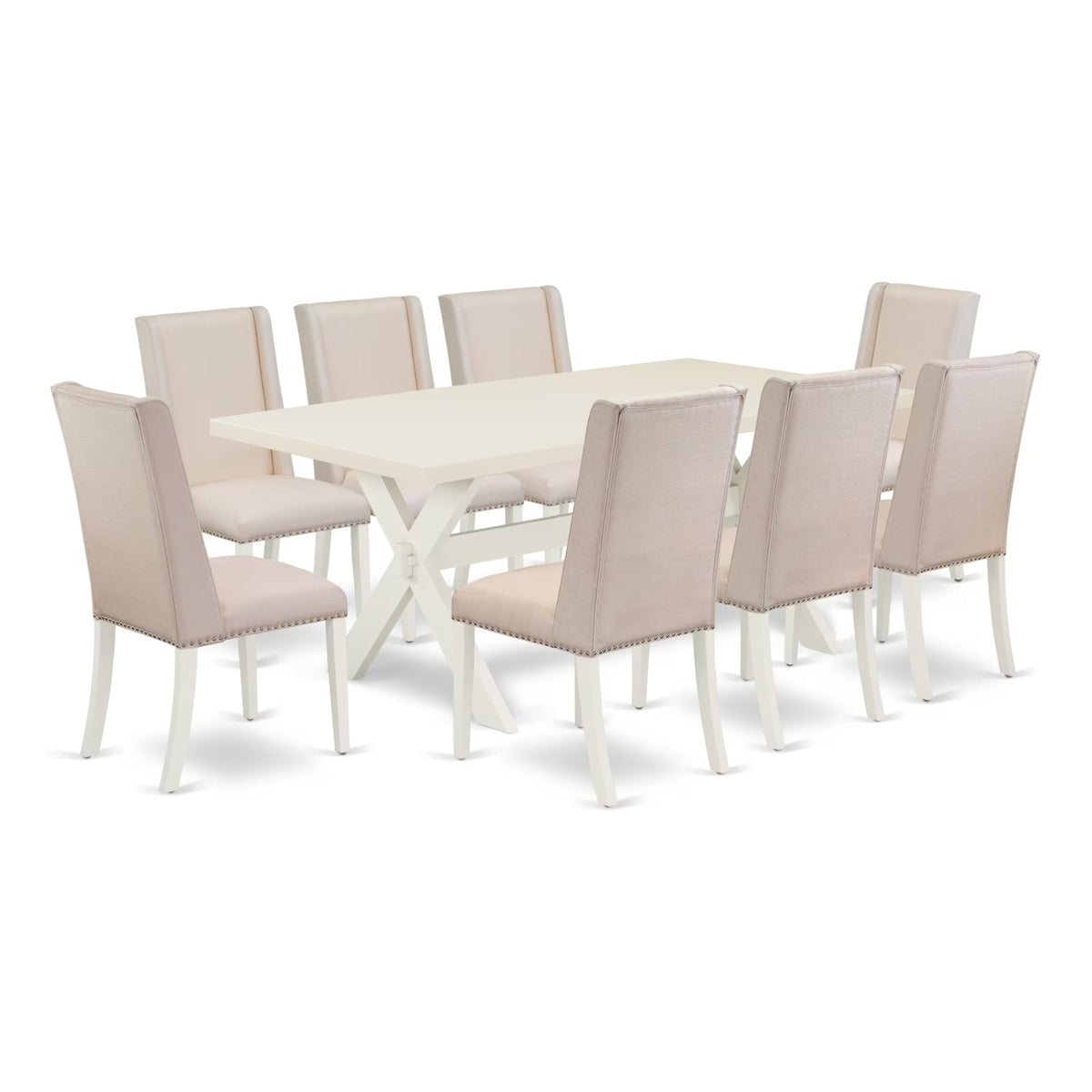 Casafoyer X027Fl201-9 9 Piece Dining Room Table Set Includes A Rectangle Dining Table With X-Legs And 8 Cream Linen Fabric Upholstered Parson Chairs, 40X72 Inch, Multi-Color