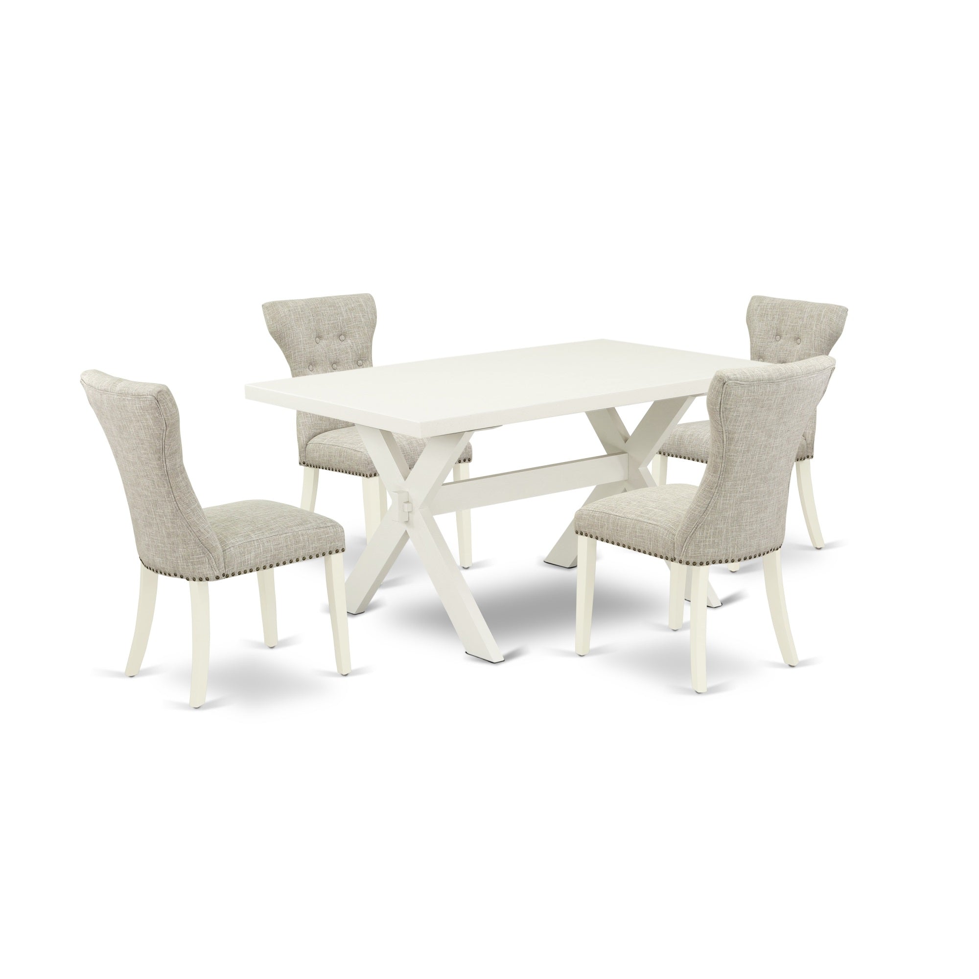 East West Furniture 5-Pc Dining Room Set Included 4 Kitchen Parson Chairs Upholstered Nails Head Seat And High Button Tufted Chair Back And Rectangular Dining Table With Linen White Dining Table Top - Linen White Finish