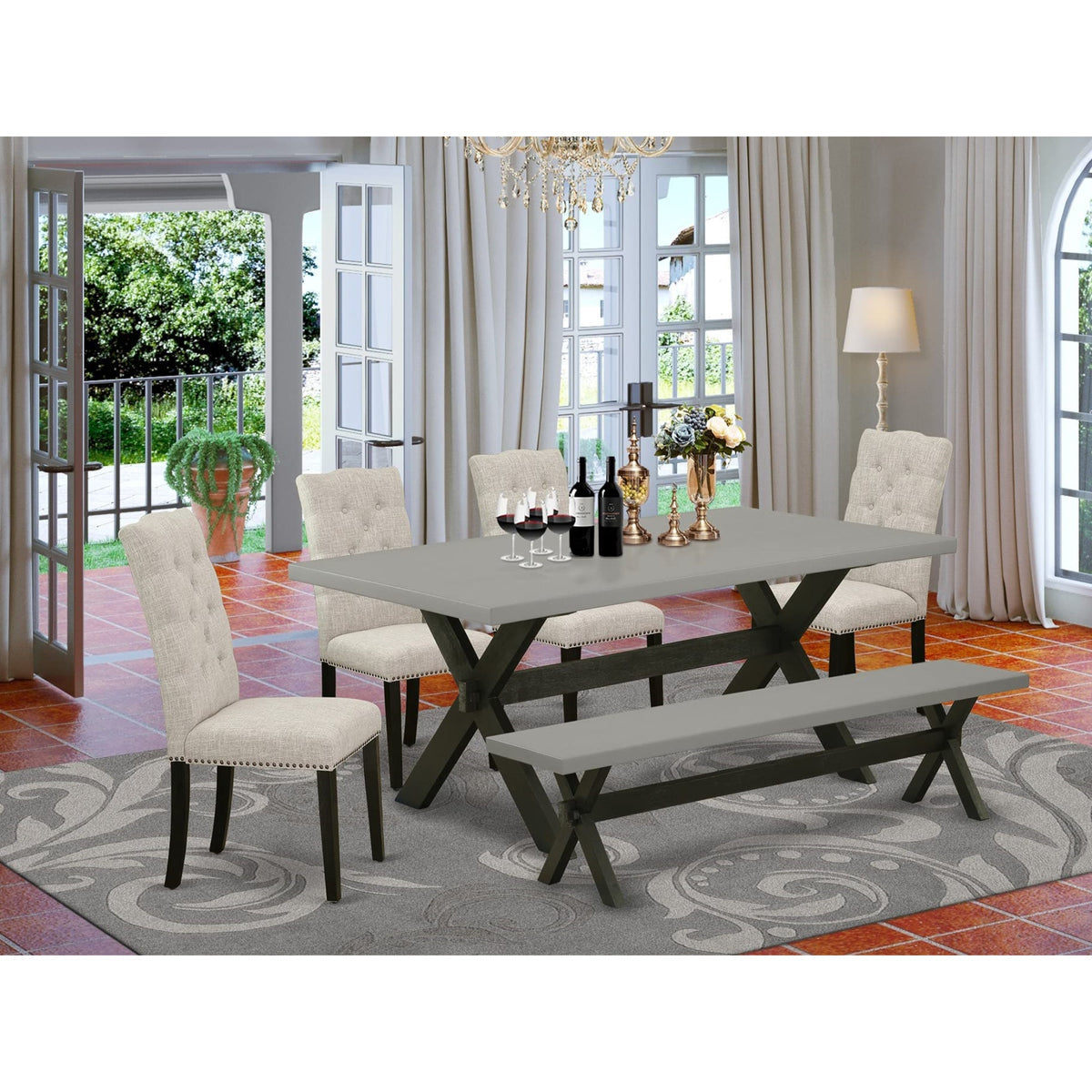 Casafoyer X697El635-6 6 Piece Dining Table Set Contains A Rectangle Dining Room Table With X-Legs And 4 Doeskin Linen Fabric Parson Chairs With A Bench, 40X72 Inch, Multi-Color