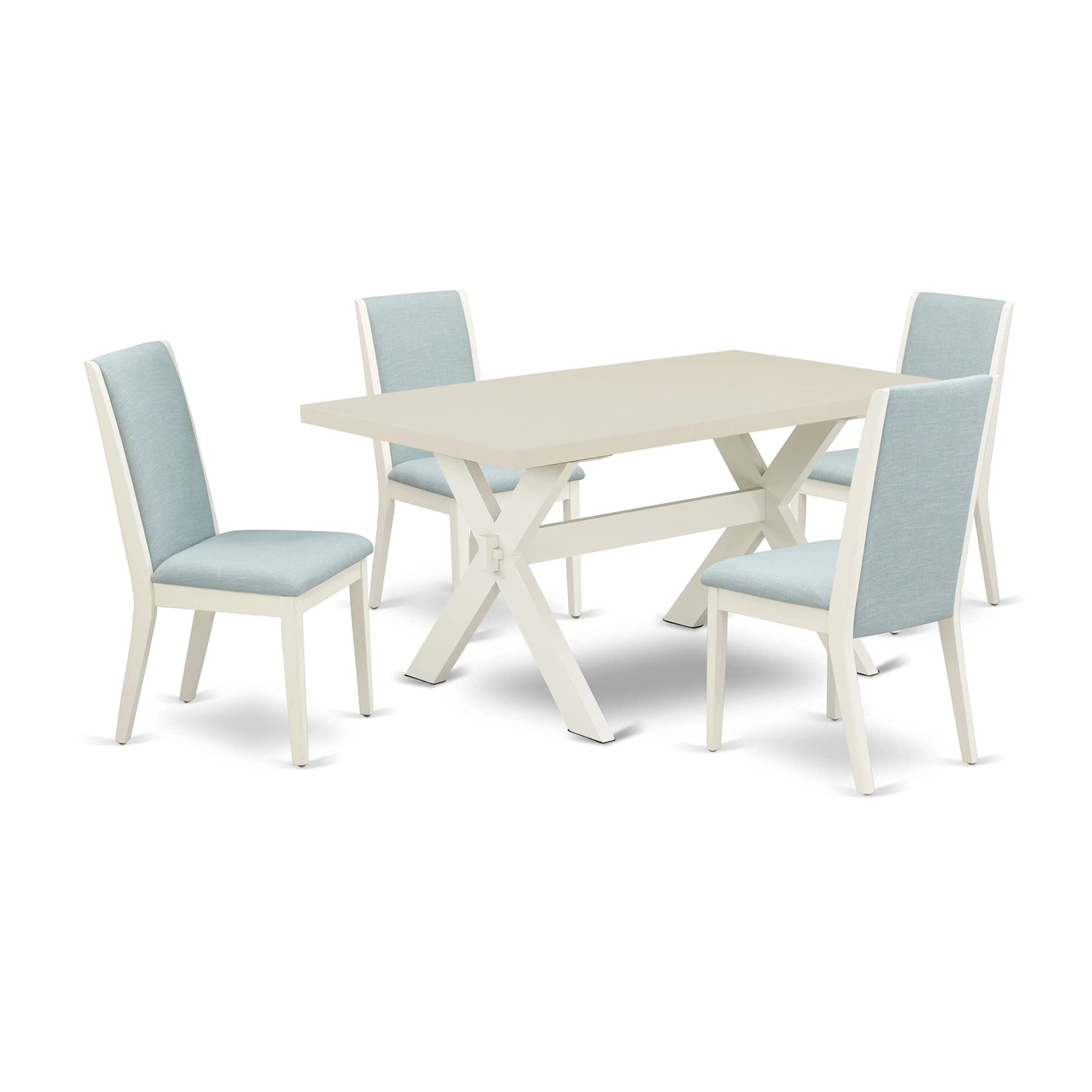 Ergode X026La015-5 Dining Room Set, Rectangle Wooden Table With X-Legs, 4 Baby Blue Linen Fabric Parson Chairs, 36X60 Inch, Multi-Color