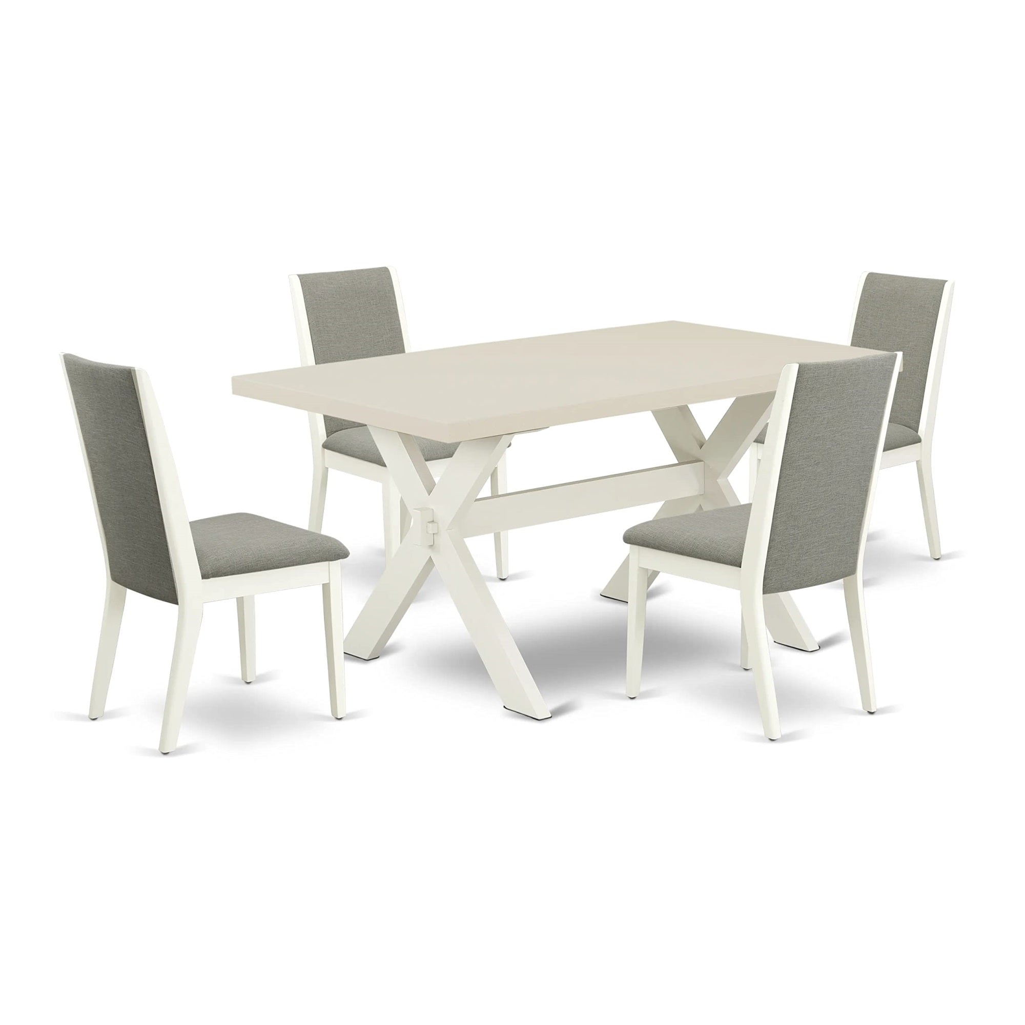 Ergode X026La206-5, 5-Piece Rectangular Table Set, Off-White Finish, Shitake Linen Fabric Chairs, High-Quality Asian Wood, Easy Assembly, 36X60 Inch, Multi-Color