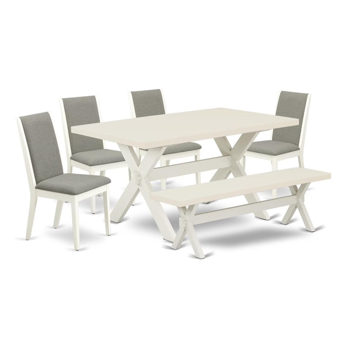 Casafoyer X-Style 6 Piece Kitchen Set Contains A Rectangle Dining Table With X-Legs And 4 Shitake Linen Fabric Parson Chairs With A Bench, 36X60 Inch, X026La206-6