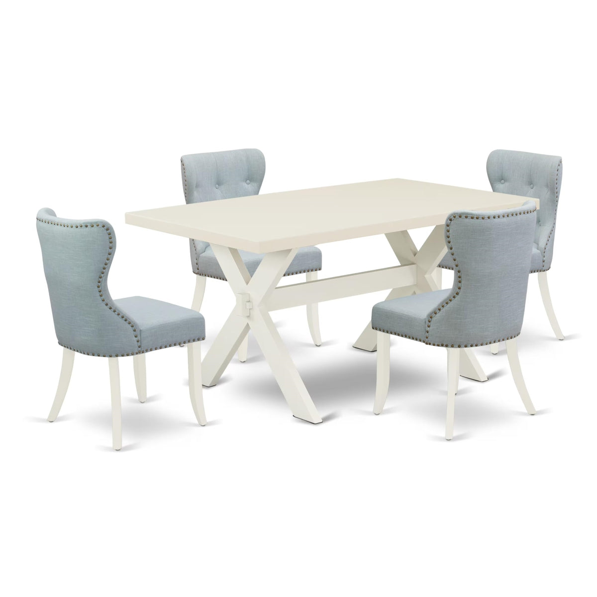 Casafoyer X026Si215-5 5 Piece Dining Room Furniture Set Includes A Rectangle Dining Table With X-Legs And 4 Baby Blue Linen Fabric Upholstered Chairs, 36X60 Inch, Multi-Color
