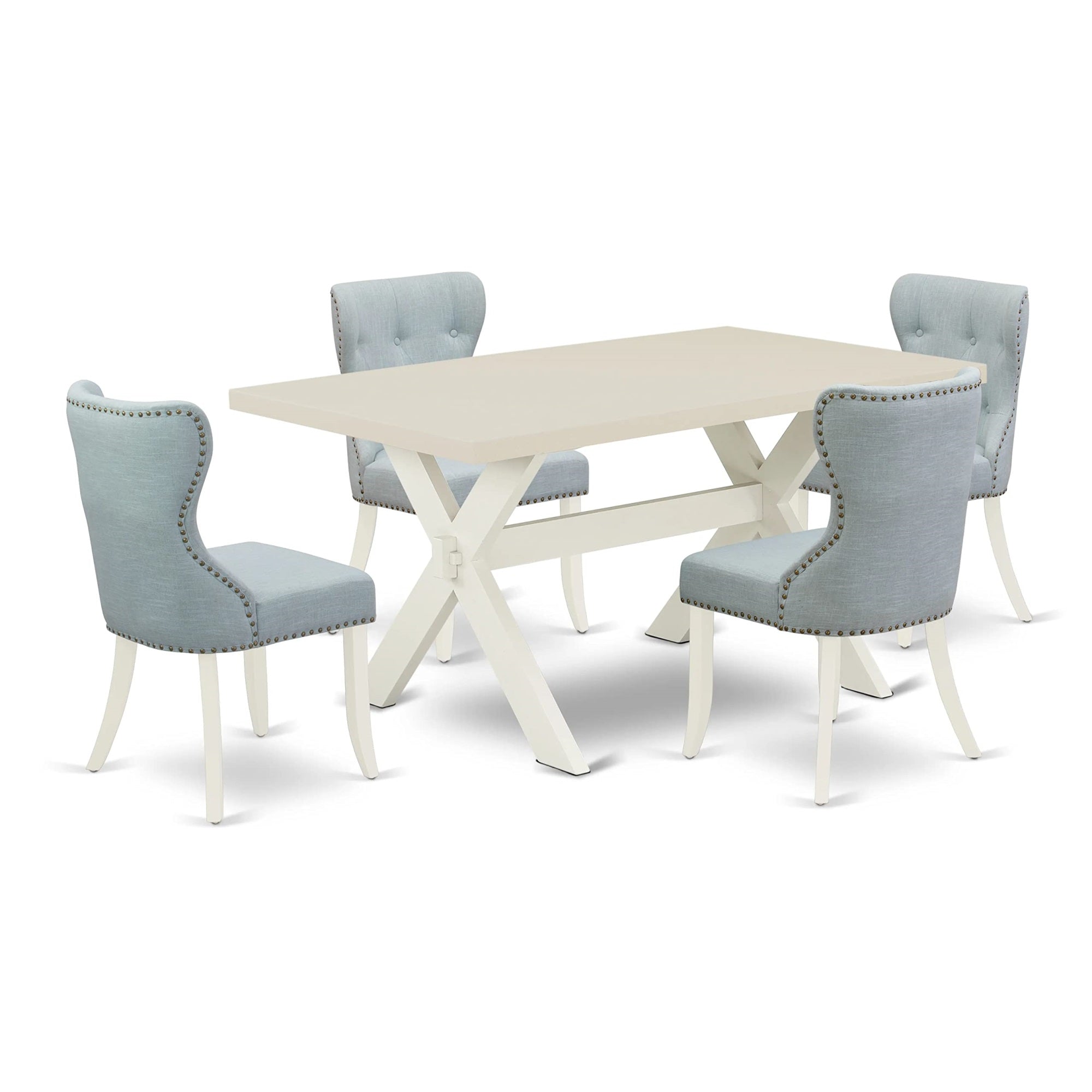 East West Furniture X026Si215-5 5 Piece Dining Room Furniture Set Includes A Rectangle Dining Table With X-Legs And 4 Baby Blue Linen Fabric Upholstered Chairs, 36X60 Inch, Multi-Color