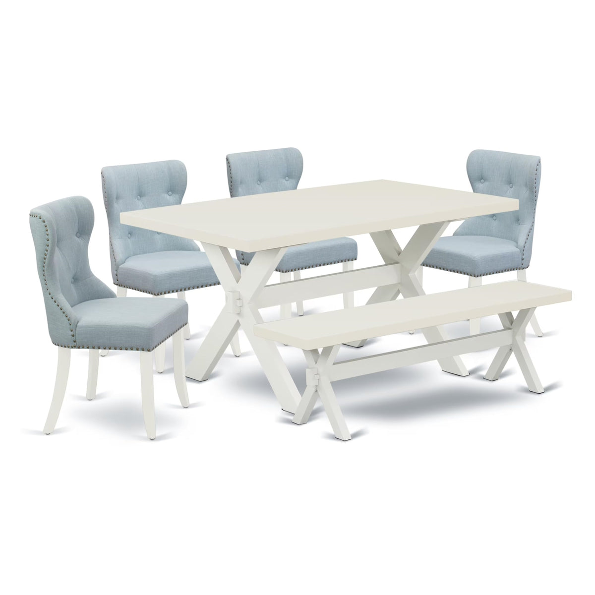 Casafoyer X026Si215-6 6 Piece Modern Dining Table Set Contains A Rectangle Wooden Table And 4 Baby Blue Linen Fabric Upholstered Chairs With A Bench, 36X60 Inch, Multi-Color