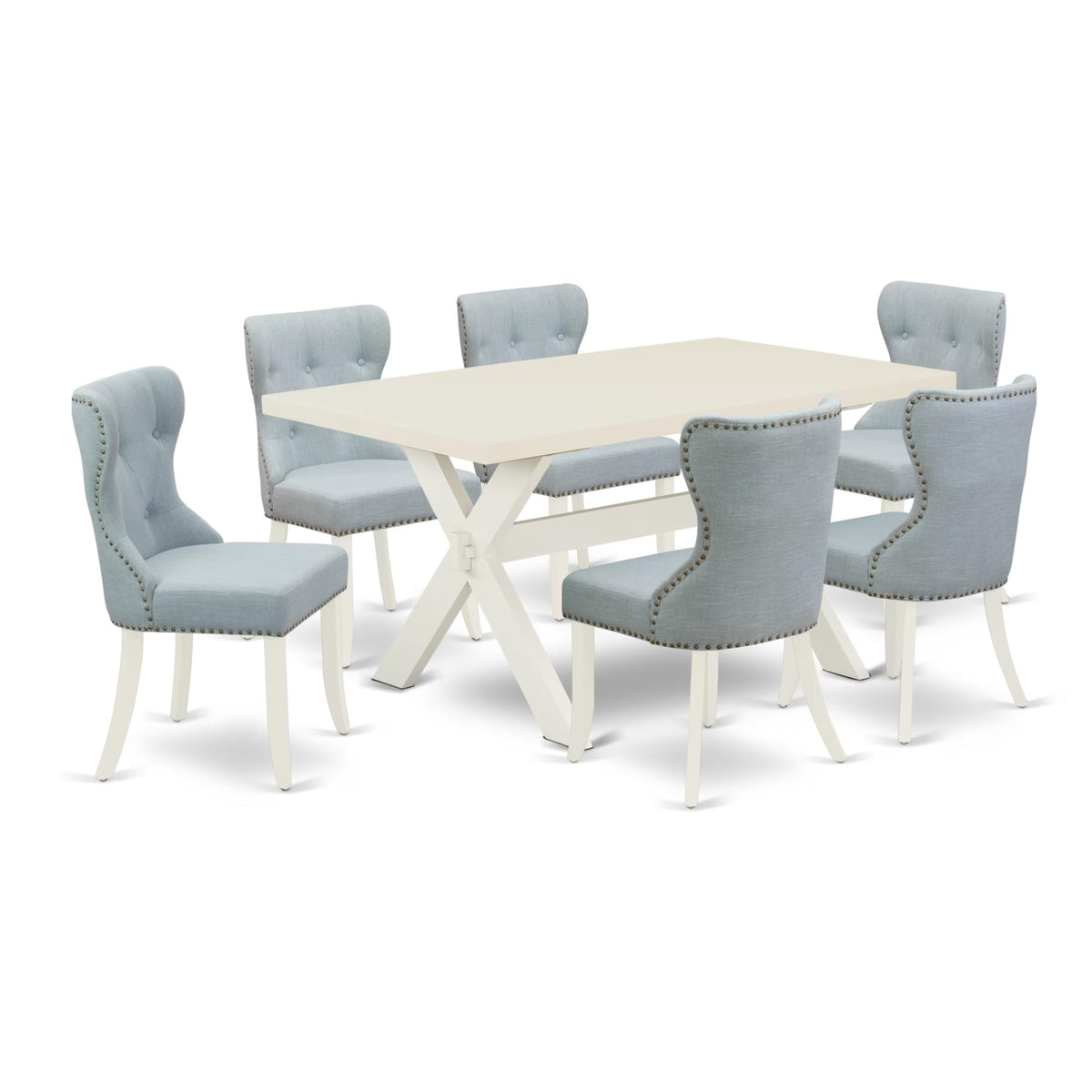 Casafoyer X026Si215-7 7 Piece Dinette Set Consist Of A Rectangle Dining Table With X-Legs And 6 Baby Blue Linen Fabric Parson Dining Room Chairs, 36X60 Inch, Multi-Color