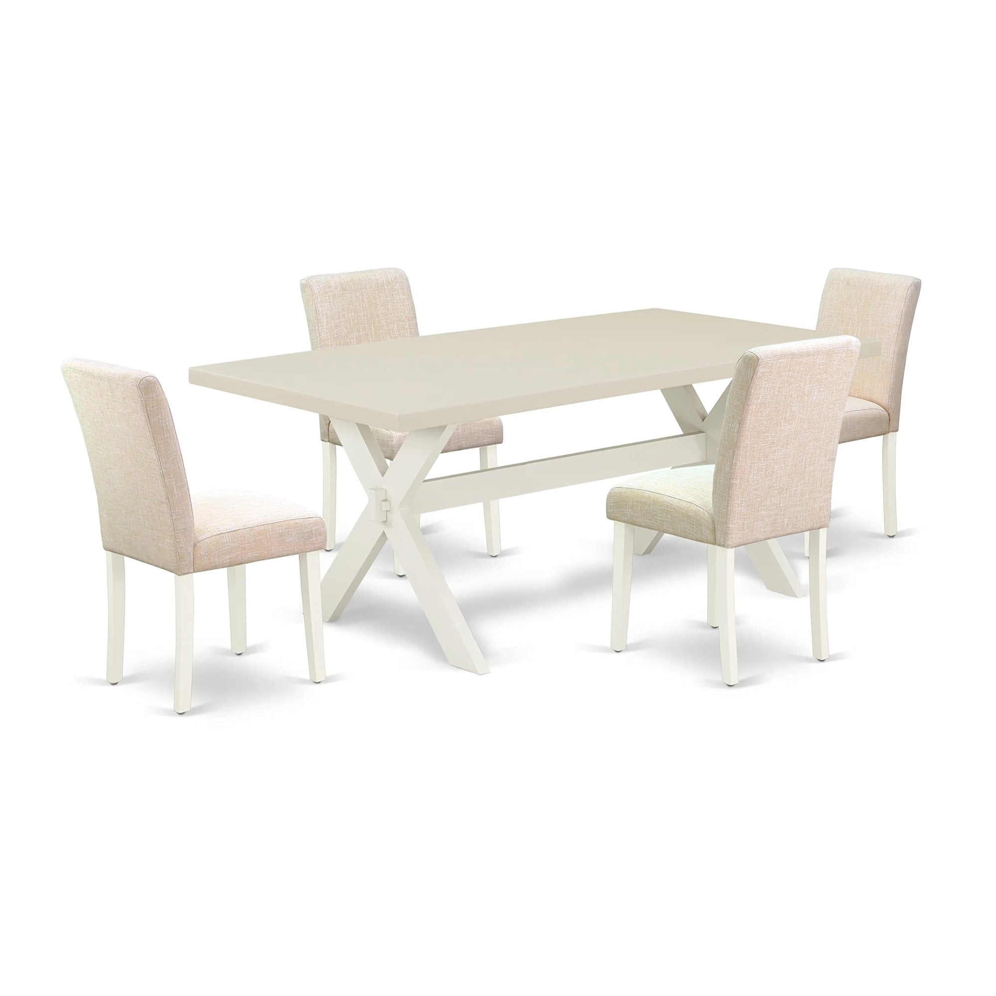 Ergode X027Ab202-5, 5-Piece Dining Room Table Set, Linen White Finish, 4 Light Beige Linen Chairs, High-Quality Asian Wood, 300 Lbs Weight Capacity, Easy Assembly, Perfect For Home Parties, Rectangular Table & Padded Parson Chairs