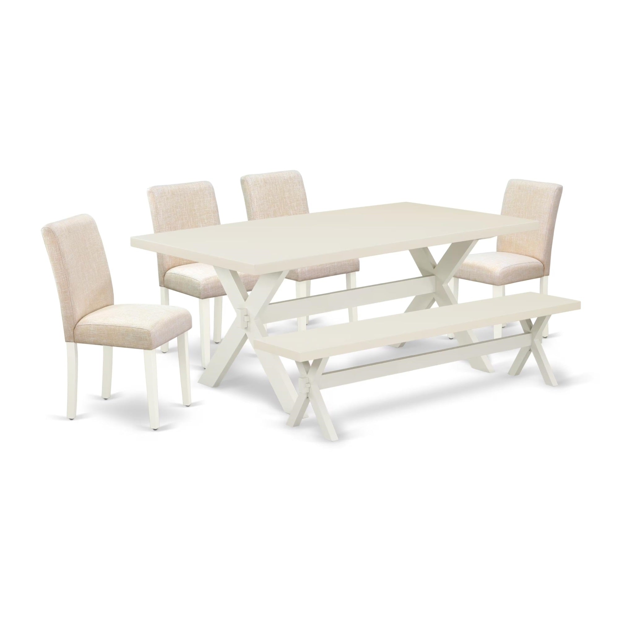 Casafoyer X027Ab202-6 6 Piece Dining Set Contains A Rectangle Dining Room Table With X-Legs And 4 Light Beige Linen Fabric Parson Chairs With A Bench, 40X72 Inch, Multi-Color